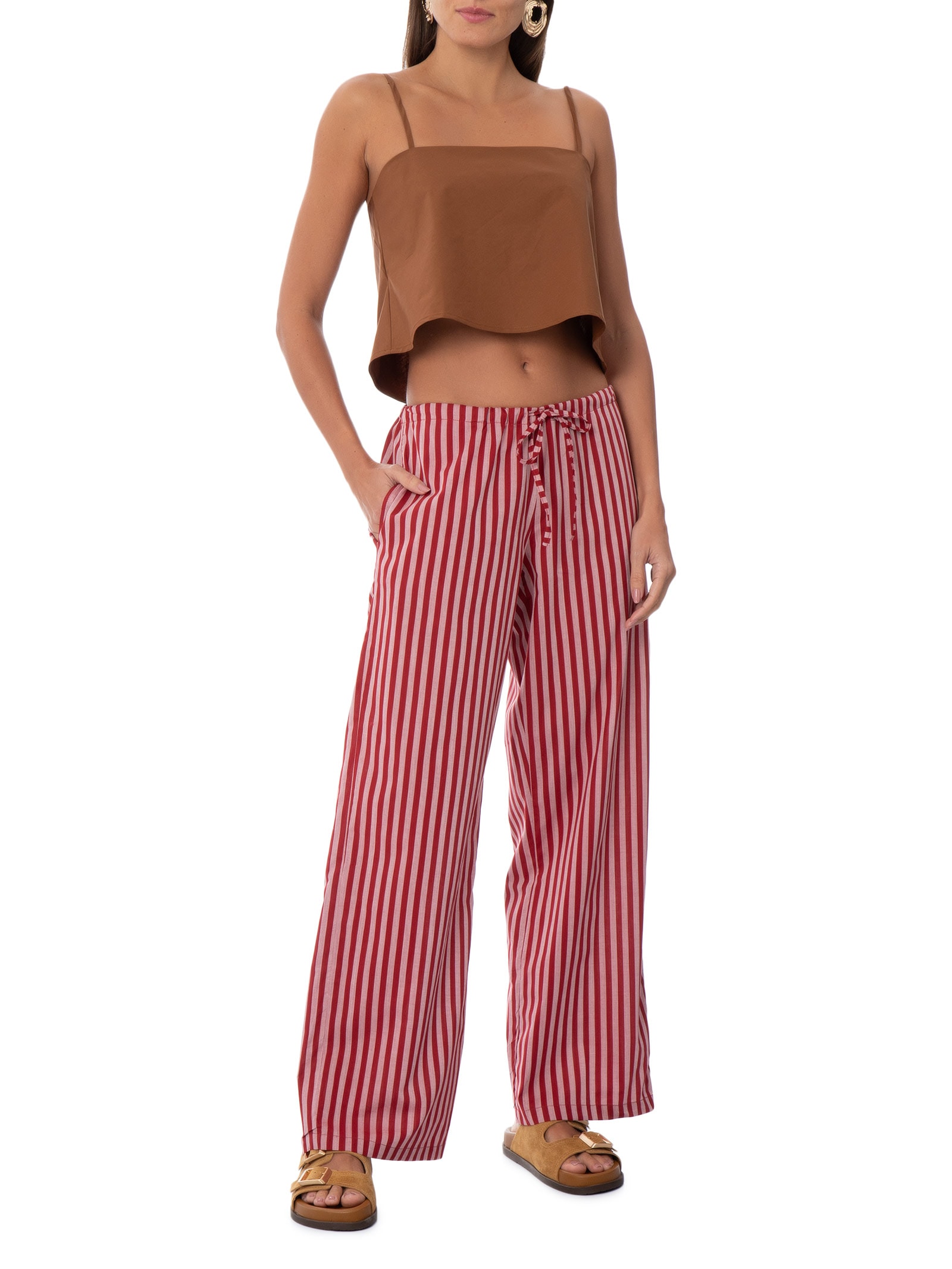 Calça Feminina Reta Tricoline Listras Bisous Vermelho Panô