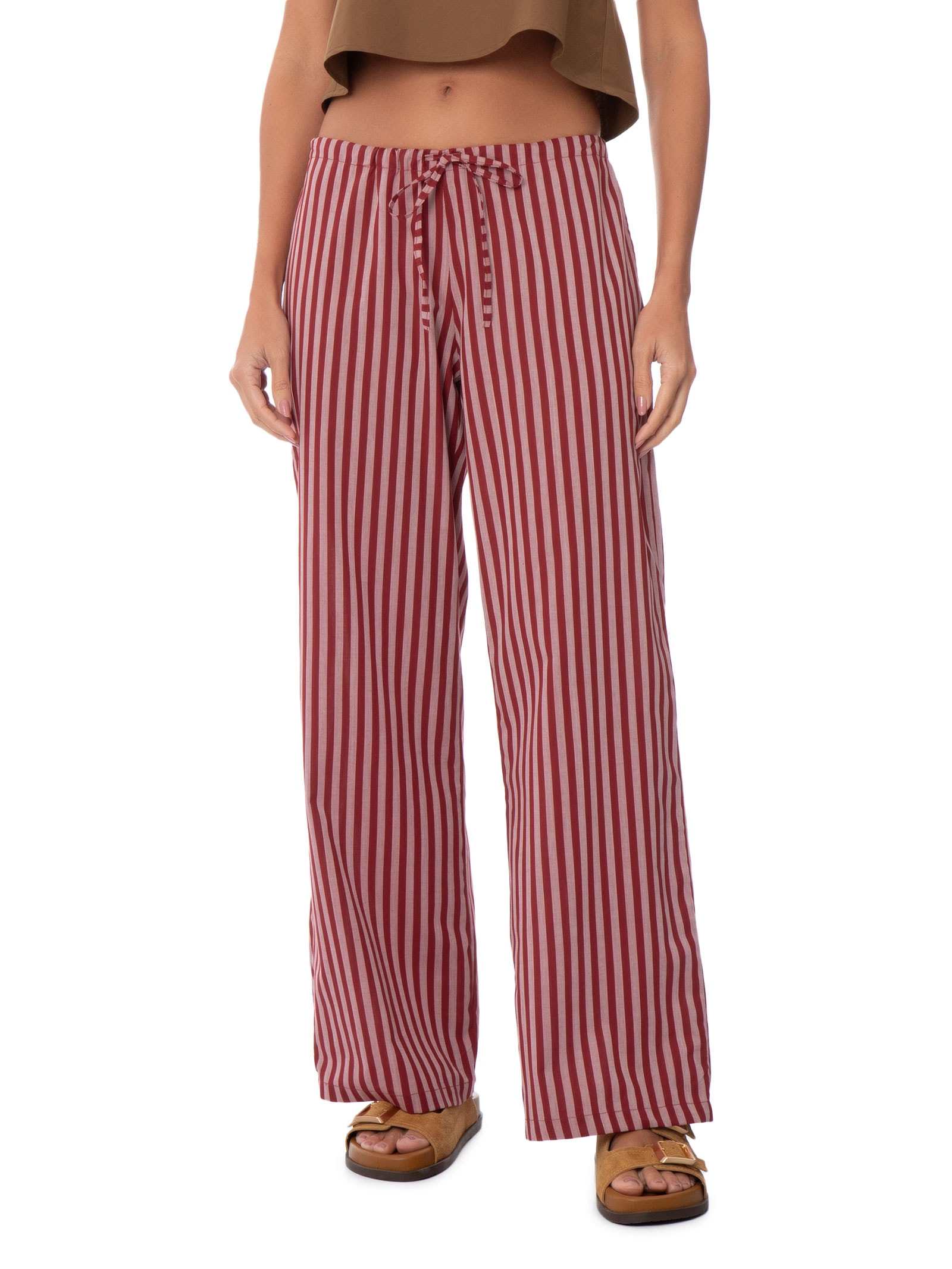 Calça Feminina Reta Tricoline Listras Bisous Vermelho Panô