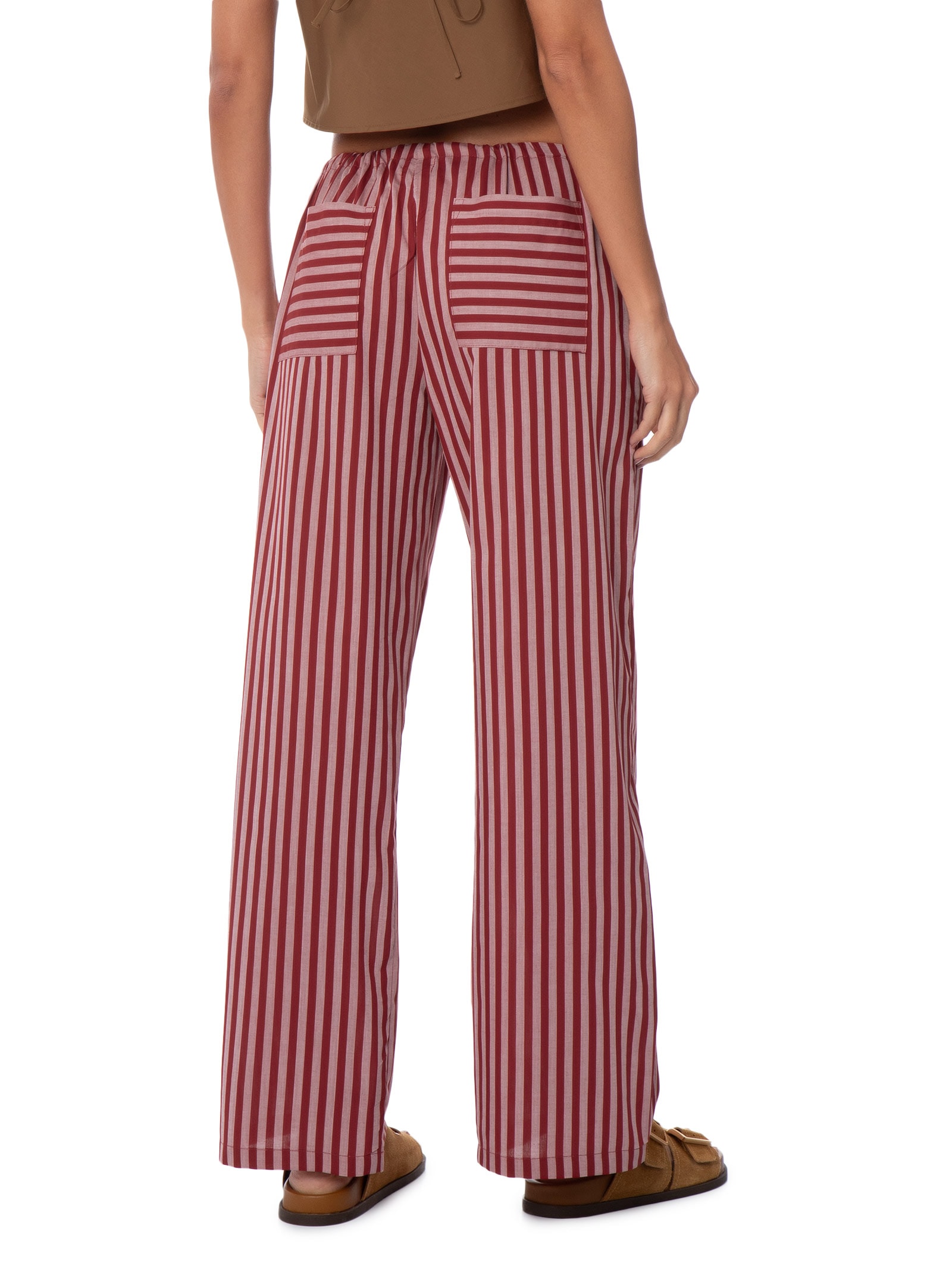 Calça Feminina Reta Tricoline Listras Bisous Vermelho Panô
