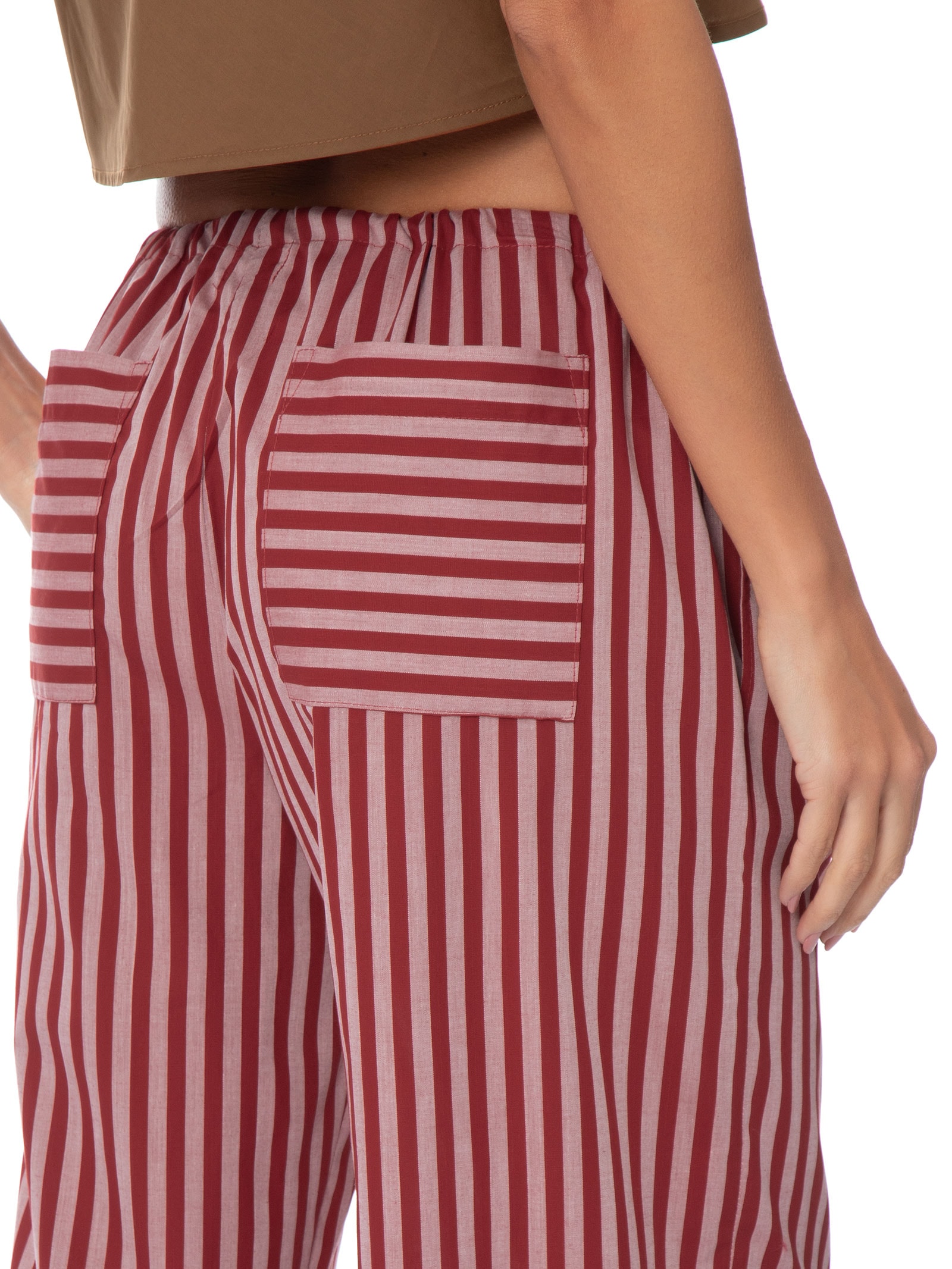 Calça Feminina Reta Tricoline Listras Bisous Vermelho Panô