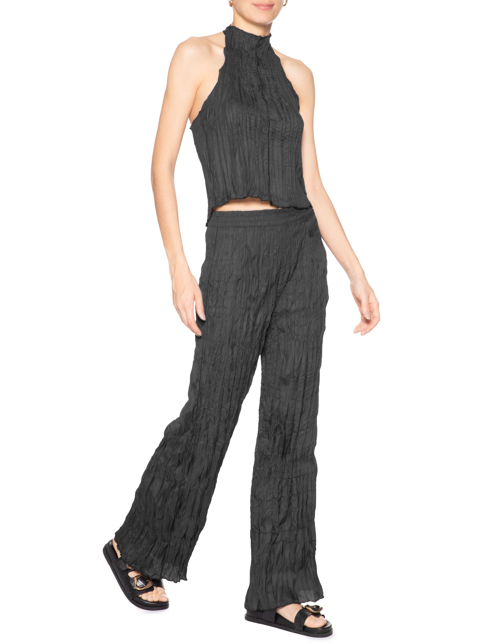 Calça Feminina Reta Wrinkle Satin Preto Osklen