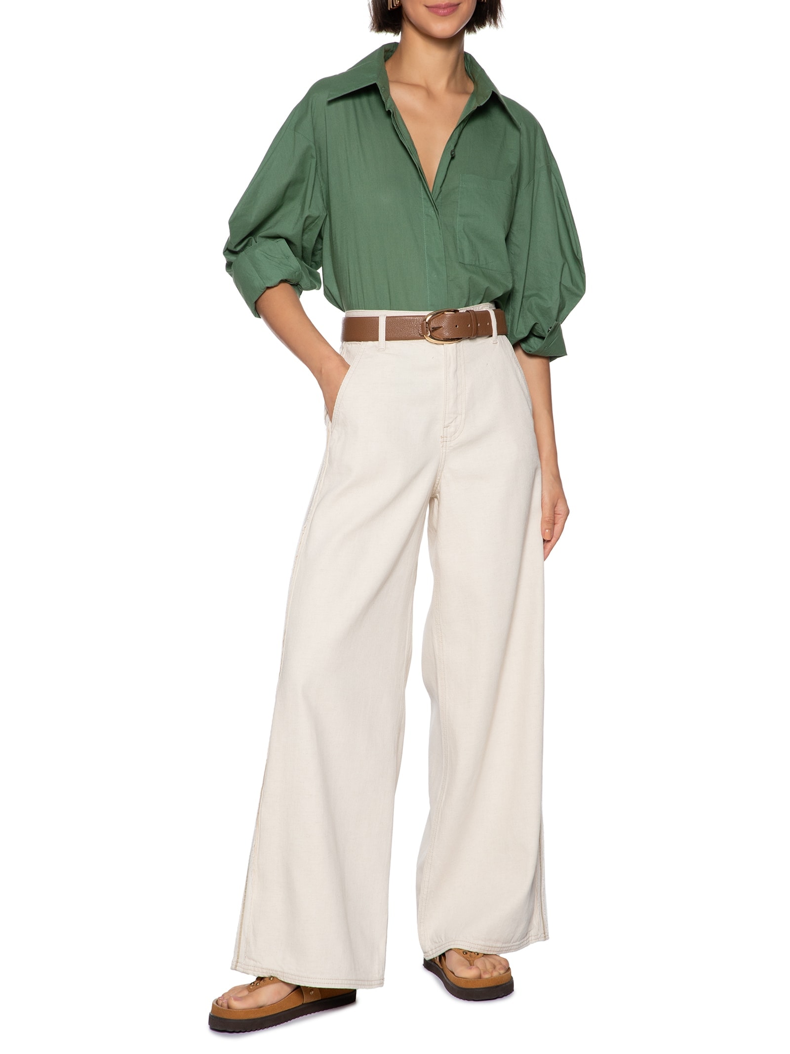 Calça Feminina Sarja A Wide Leg Linho Brisa Bege Cantão