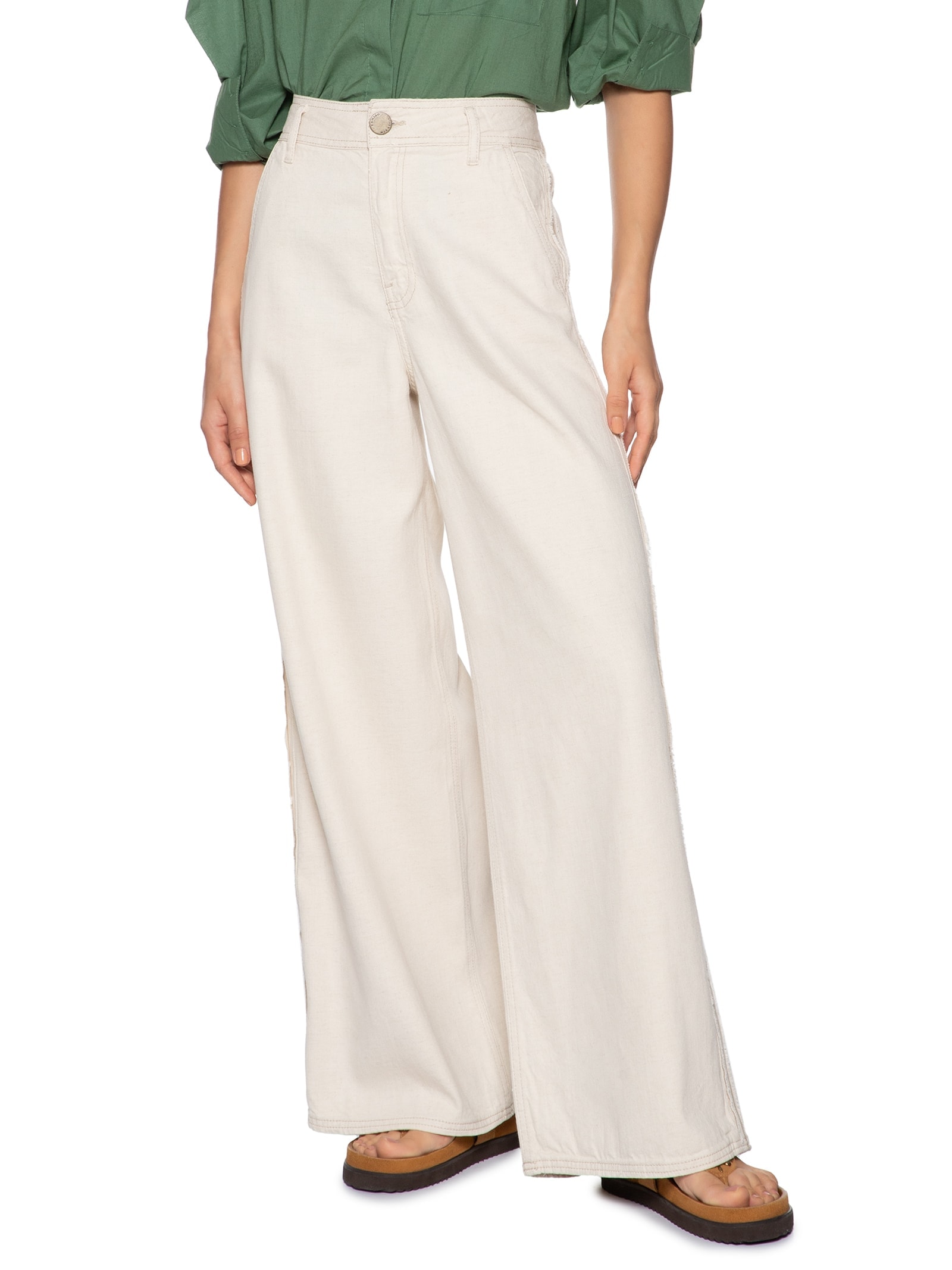 Calça Feminina Sarja A Wide Leg Linho Brisa Bege Cantão