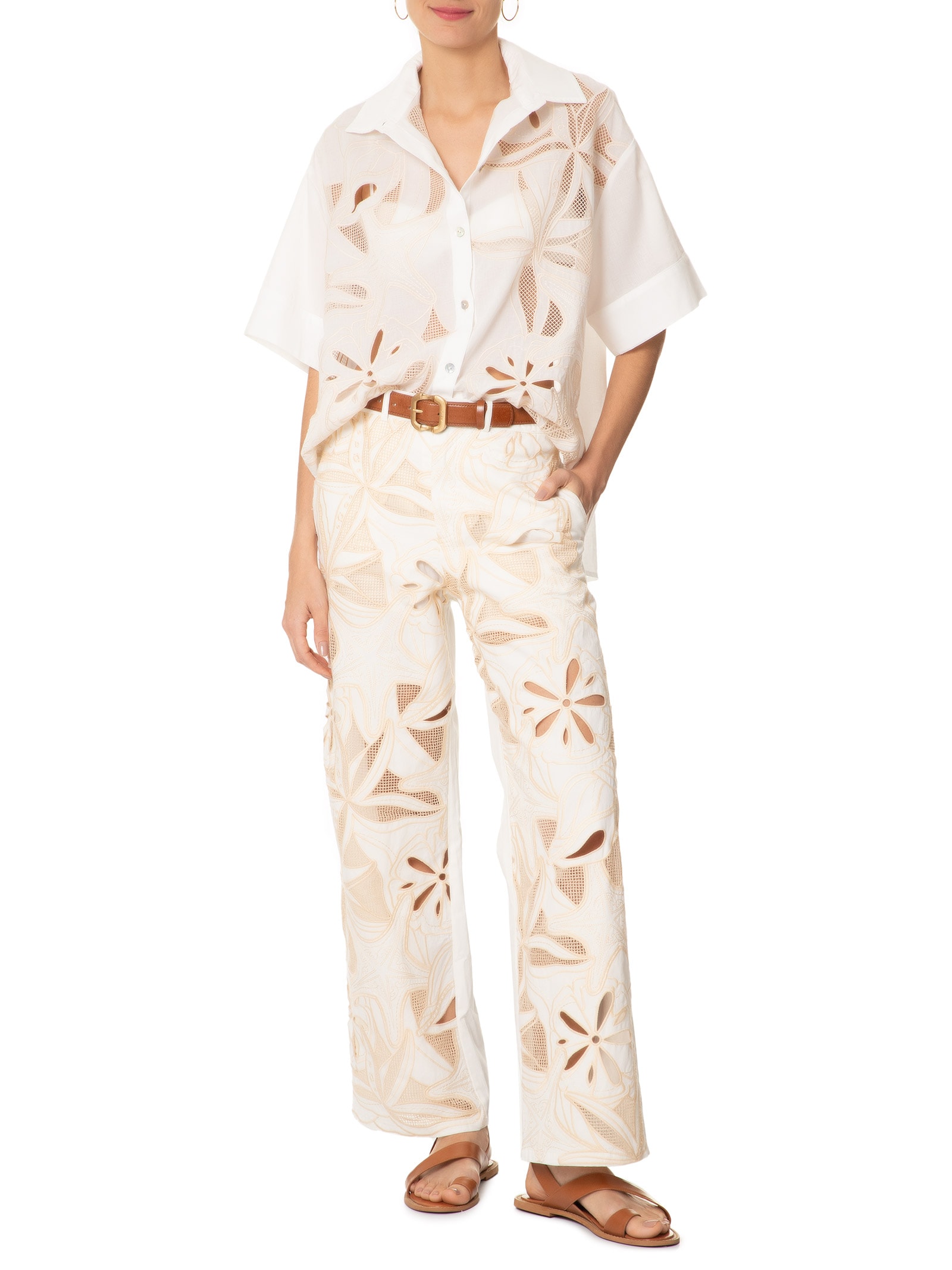 Calça Feminina Sarja Artesanal Richelieu Off White Farm