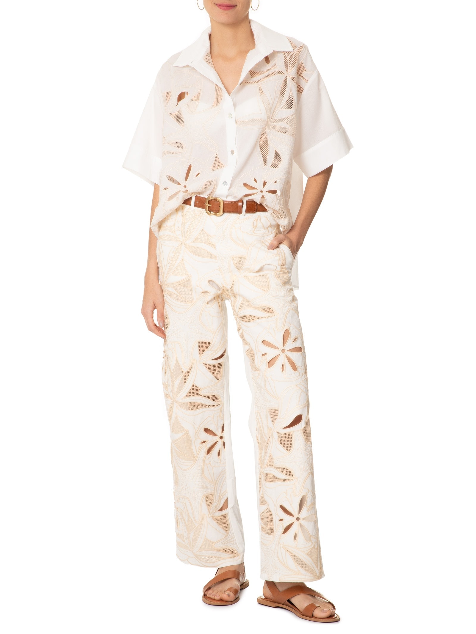 Calça Feminina Sarja Artesanal Richelieu Off White Farm