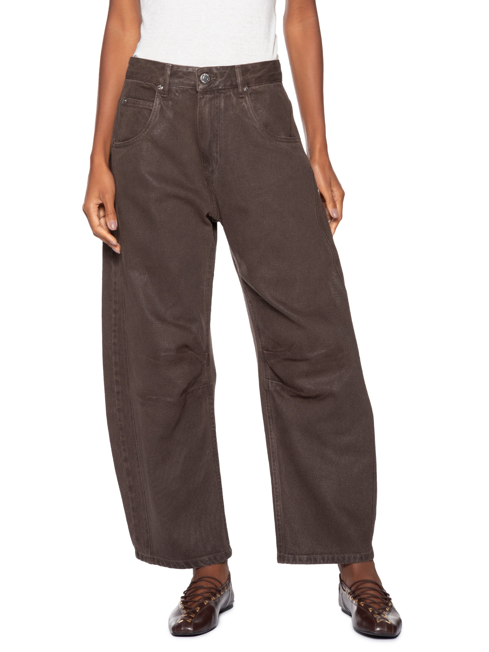 Calça Feminina Sarja Ballon Resinada Marrom Animale Jeans