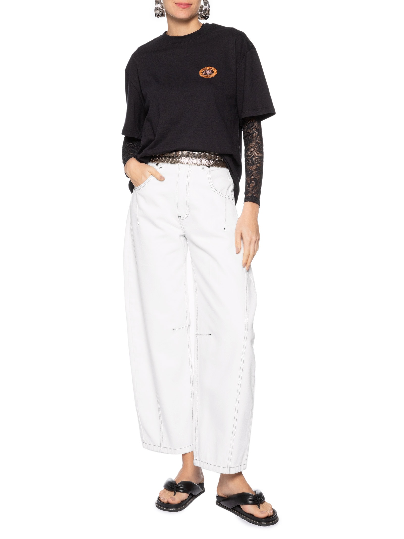 Calça Feminina Sarja Barrel Pesponto Contraste – Branco Animale Jeans