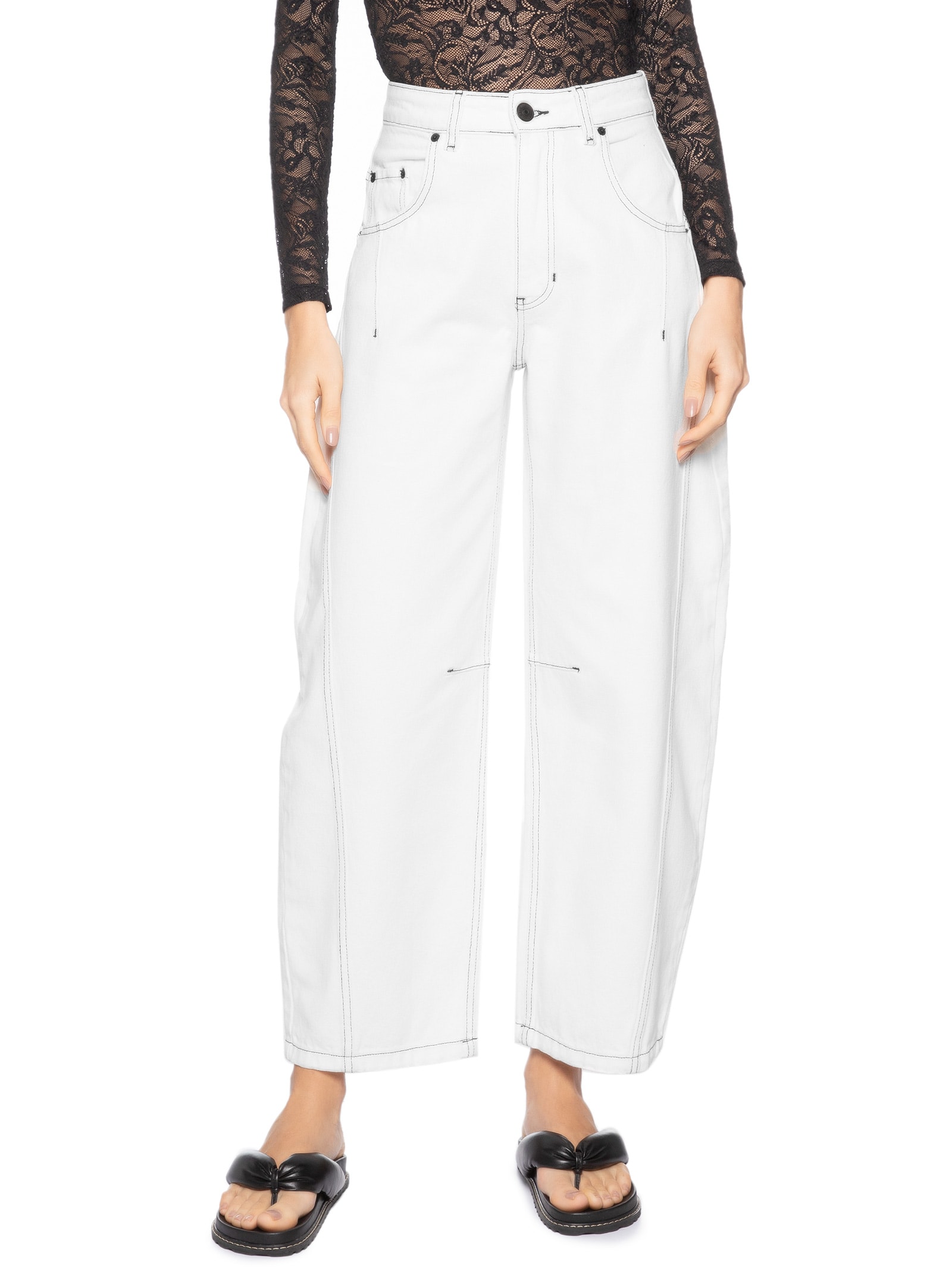 Calça Feminina Sarja Barrel Pesponto Contraste – Branco Animale Jeans