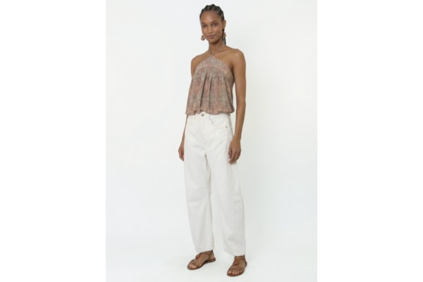 Calça Feminina Sarja Barrel Recortes - Off White