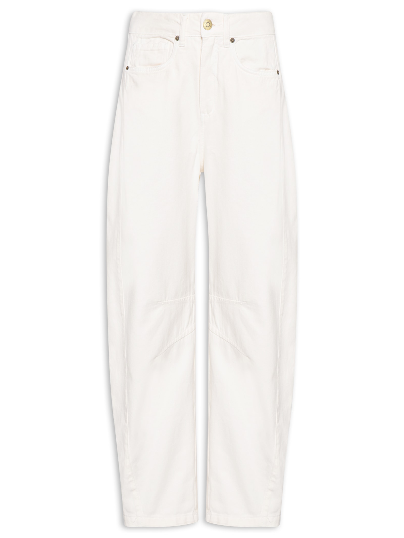 Calça Feminina Sarja Barrel Recortes Off White Maria Filó