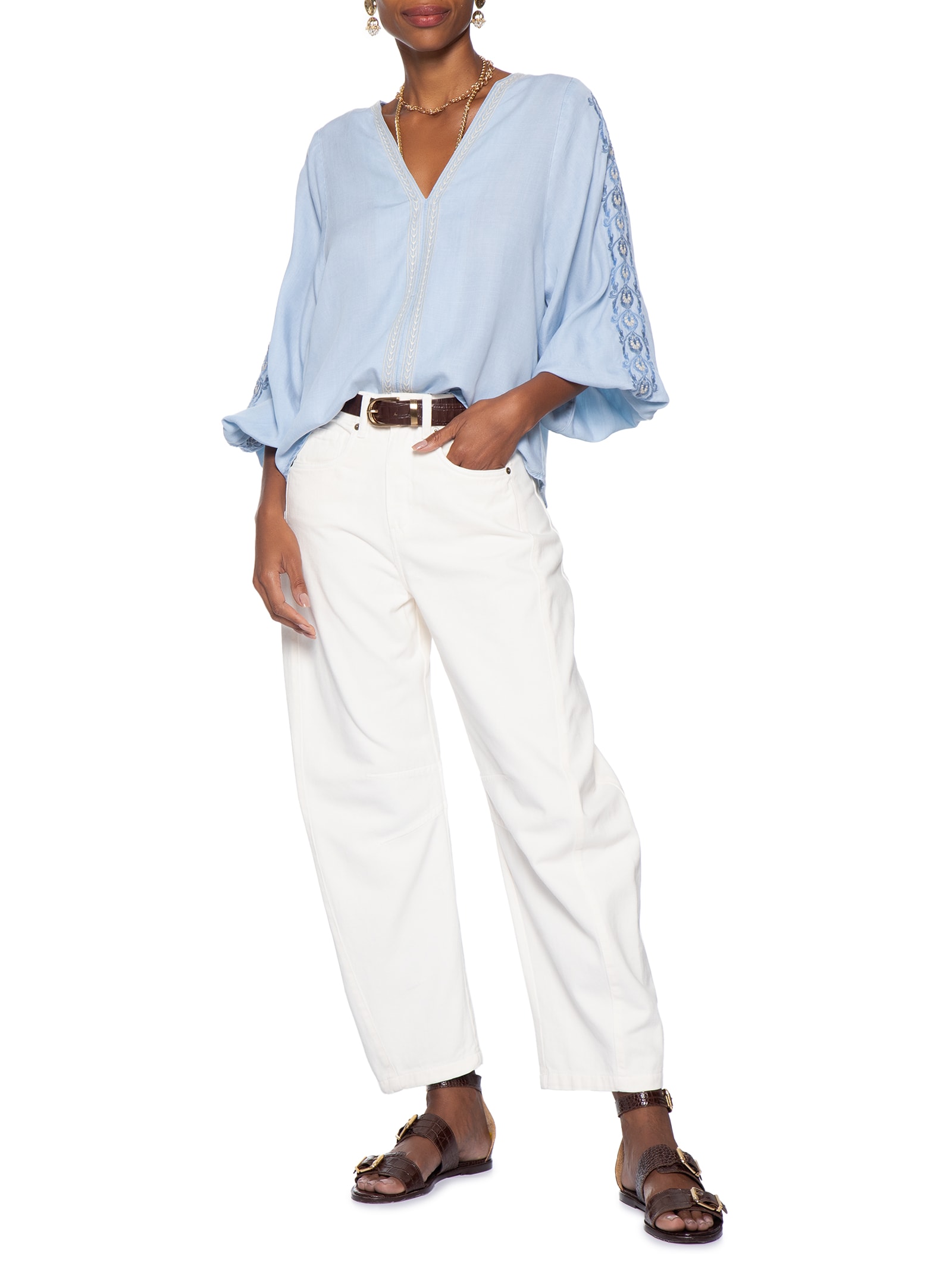Calça Feminina Sarja Barrel Recortes Off White Maria Filó