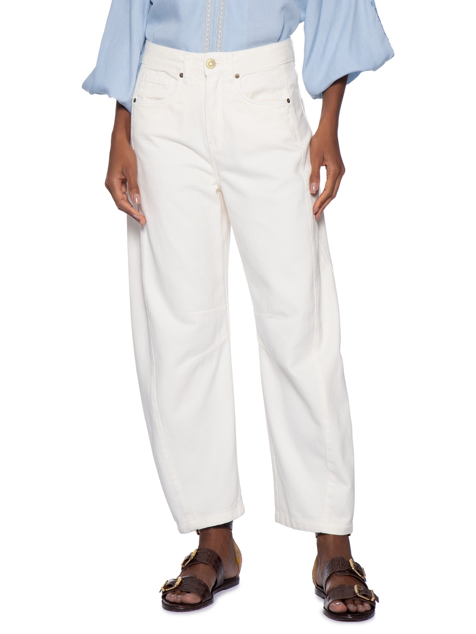 Calça Feminina Sarja Barrel Recortes Off White Maria Filó