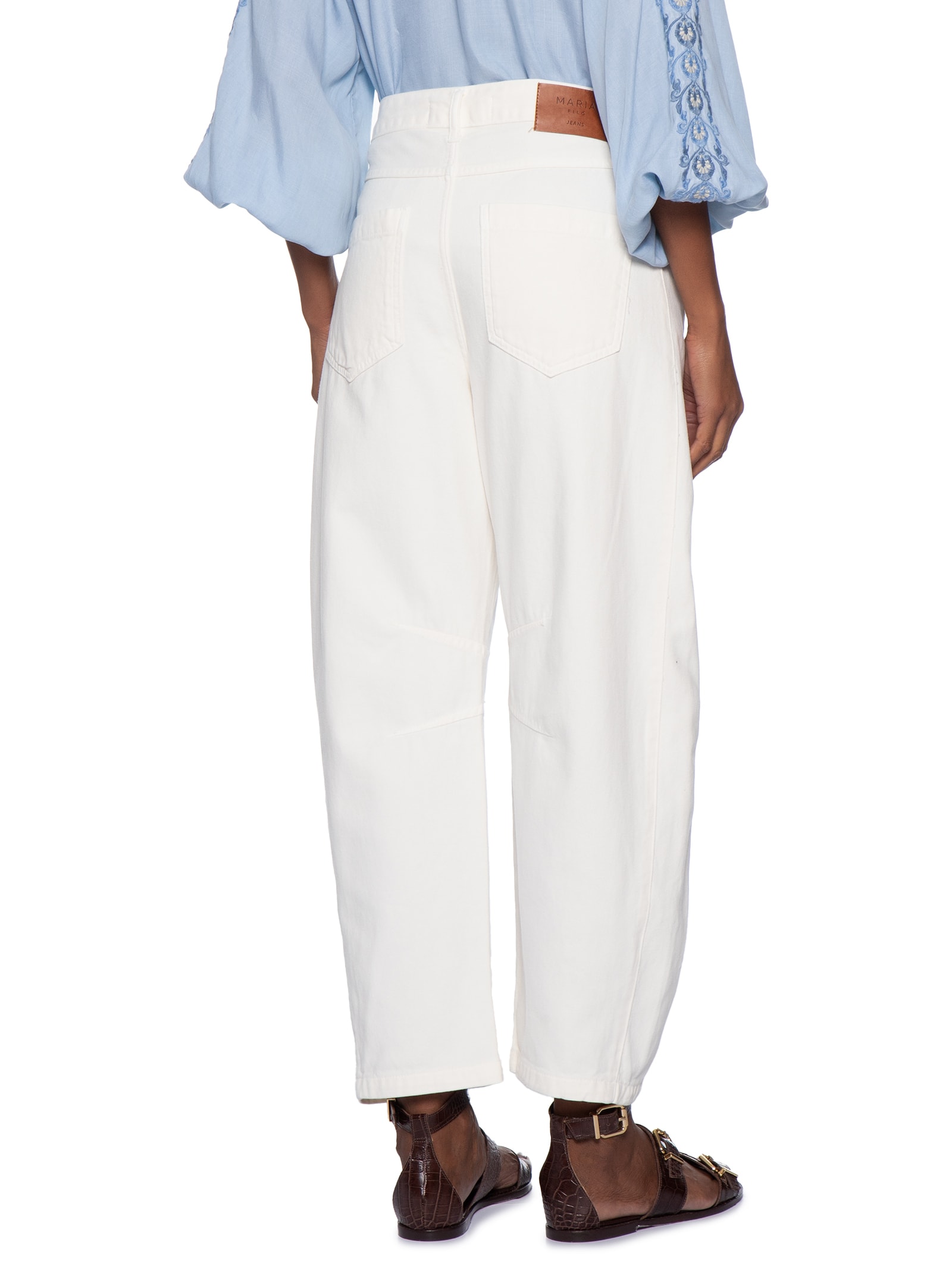 Calça Feminina Sarja Barrel Recortes Off White Maria Filó