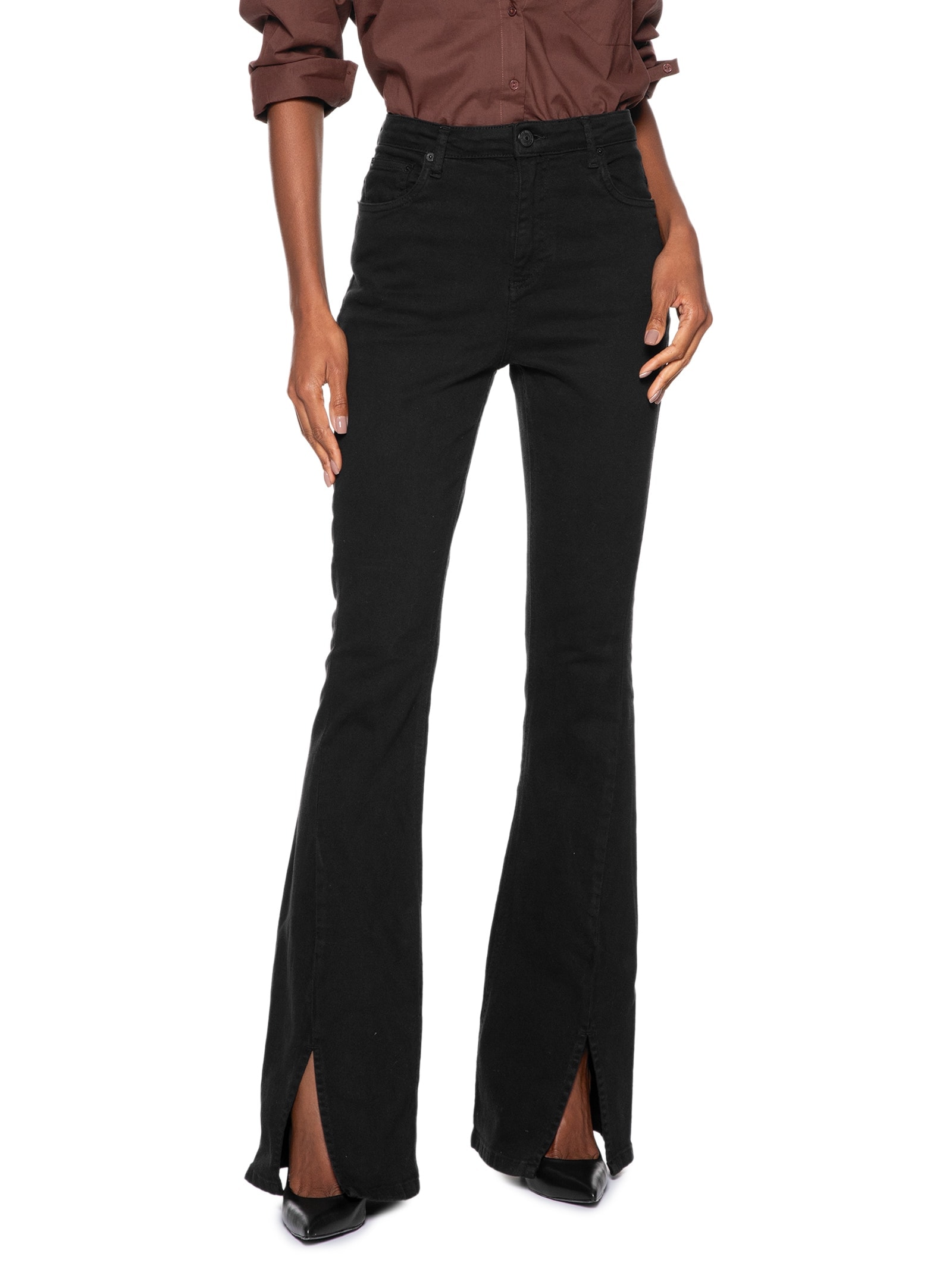 Calça Feminina Sarja Boot Basic High Fenda Preto Animale Jeans