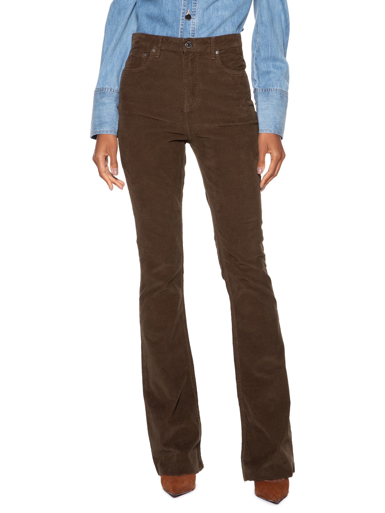 Calça Feminina Sarja Boot High Veludo Marrom Animale Jeans