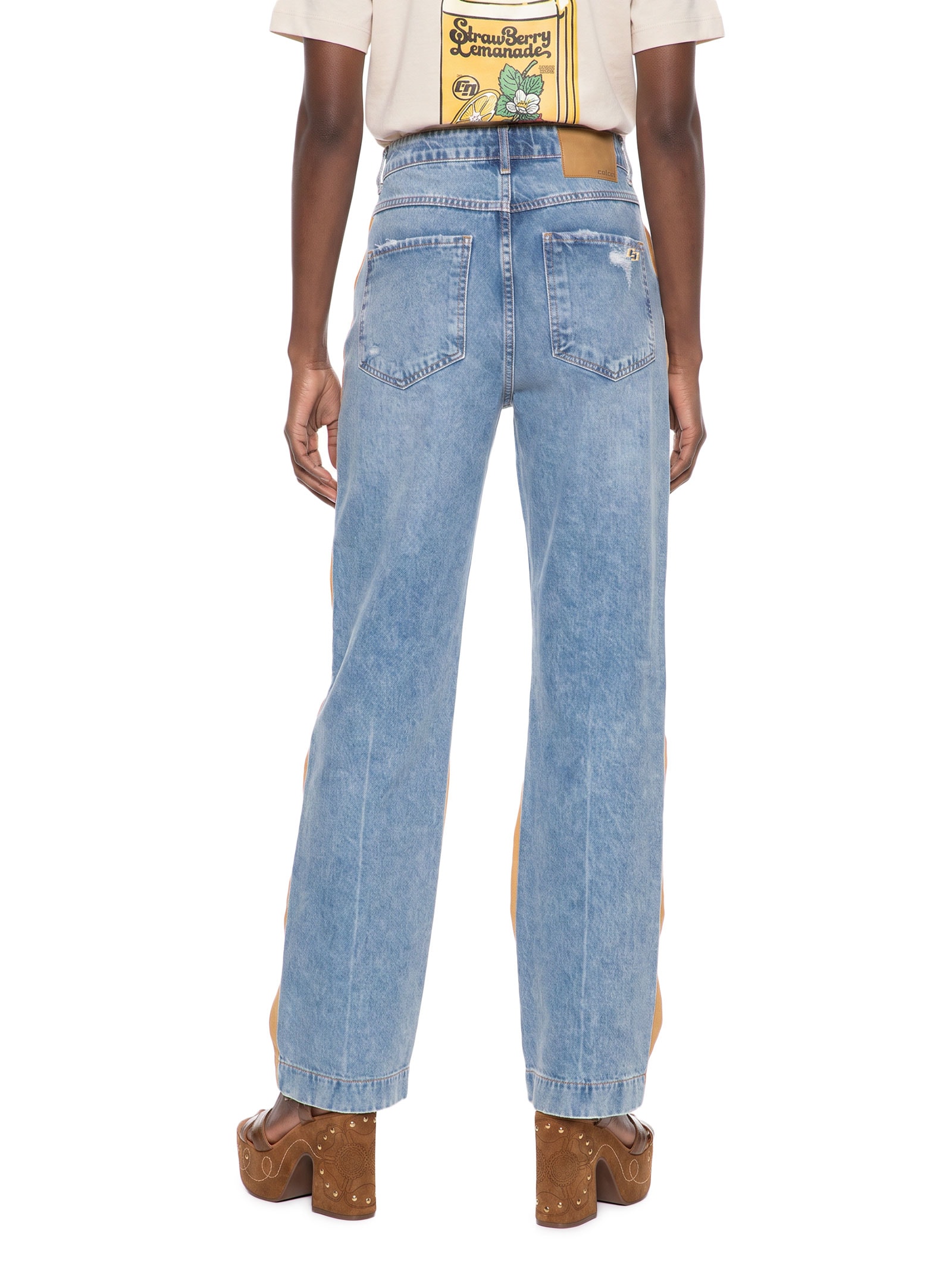 Calça Feminina Sarja Com Jeans Leoni Low Bege Colcci