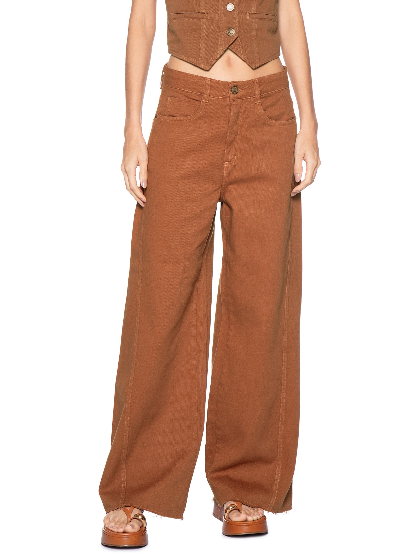 Calça Feminina Sarja Costura Deslocada Marrom Dress To