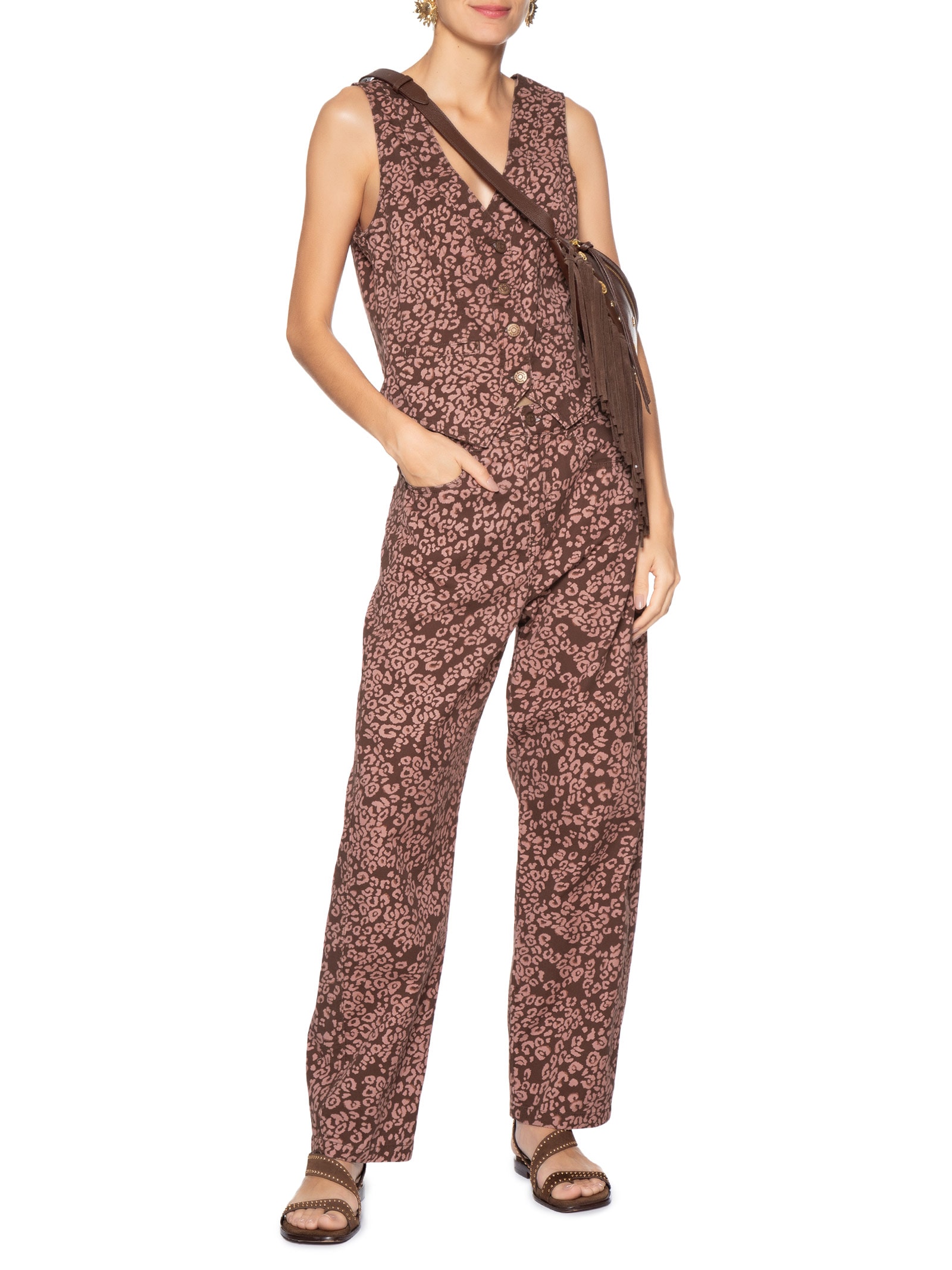 Calça Feminina Sarja Estampa Felina Marrom Dress To