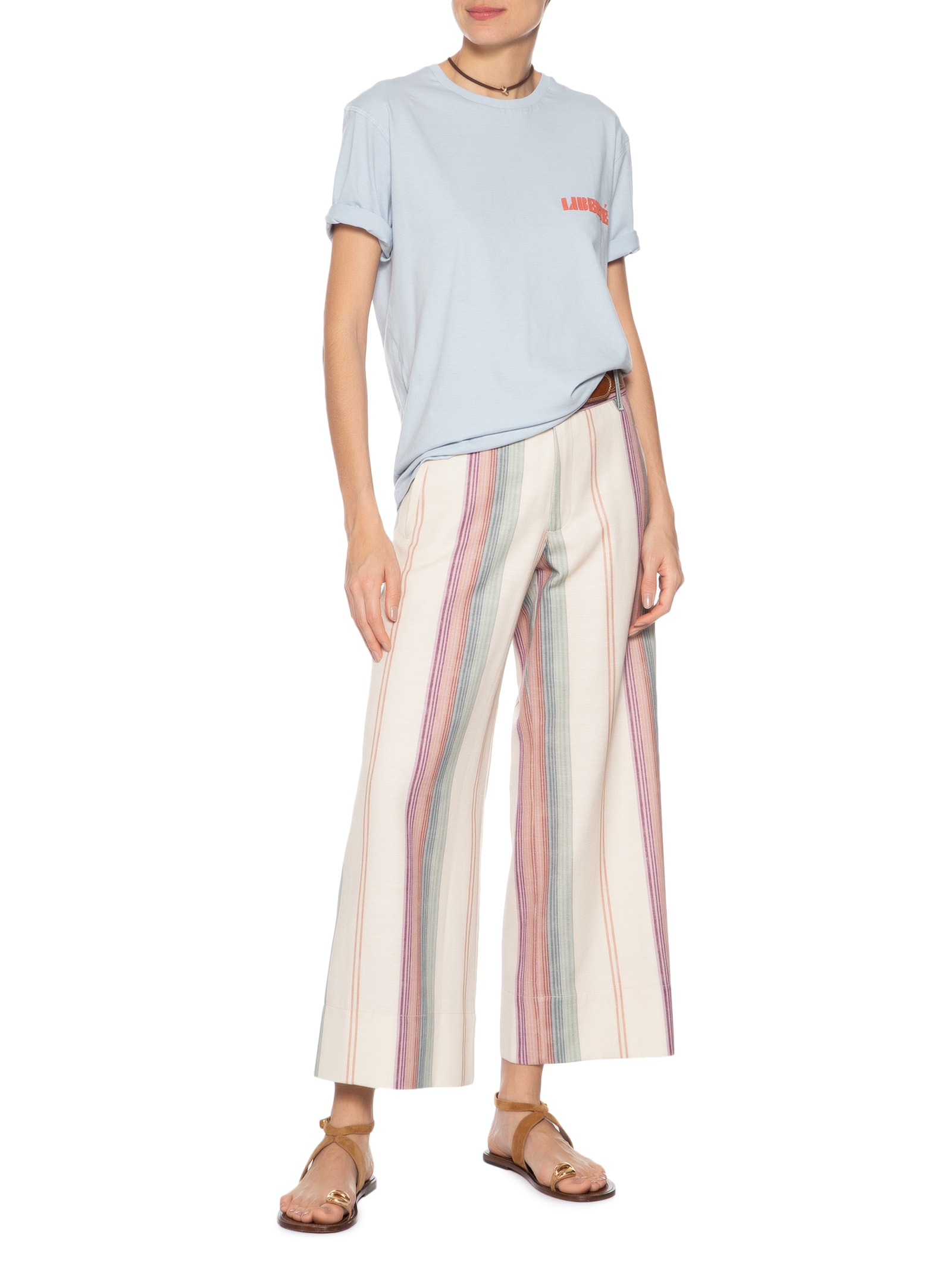 Calça Feminina Sarja Estampa Listra Coloris Bege Maria Filó