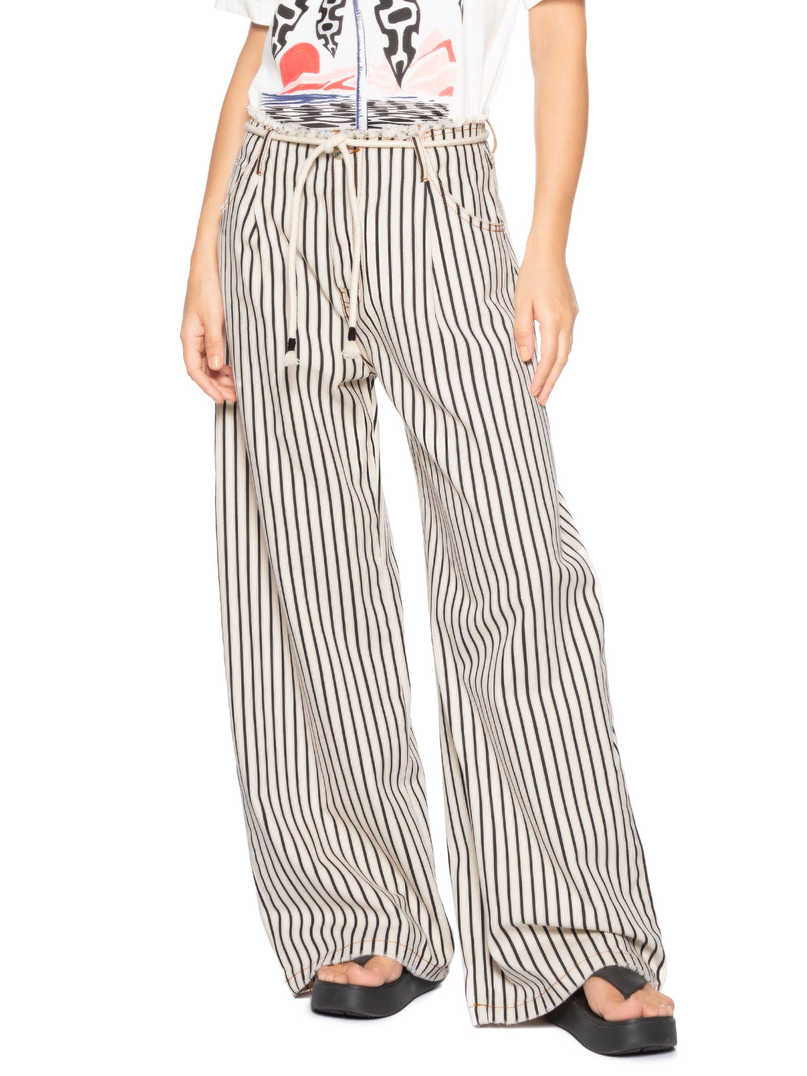 Calça Feminina Sarja Listrada Branco Farm