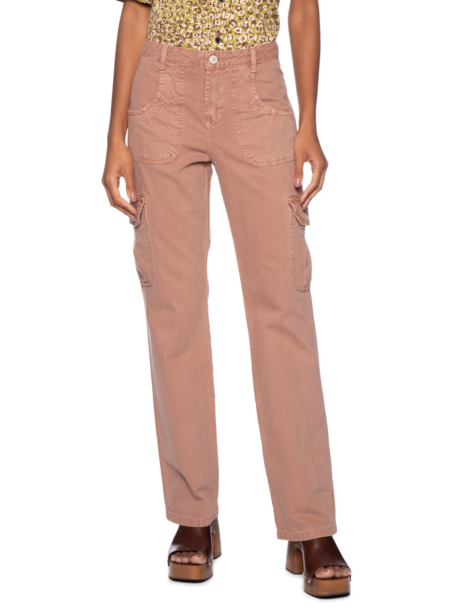 Calça Feminina Sarja Low Rise Cargo Com Pregas Rosa Animale Jeans