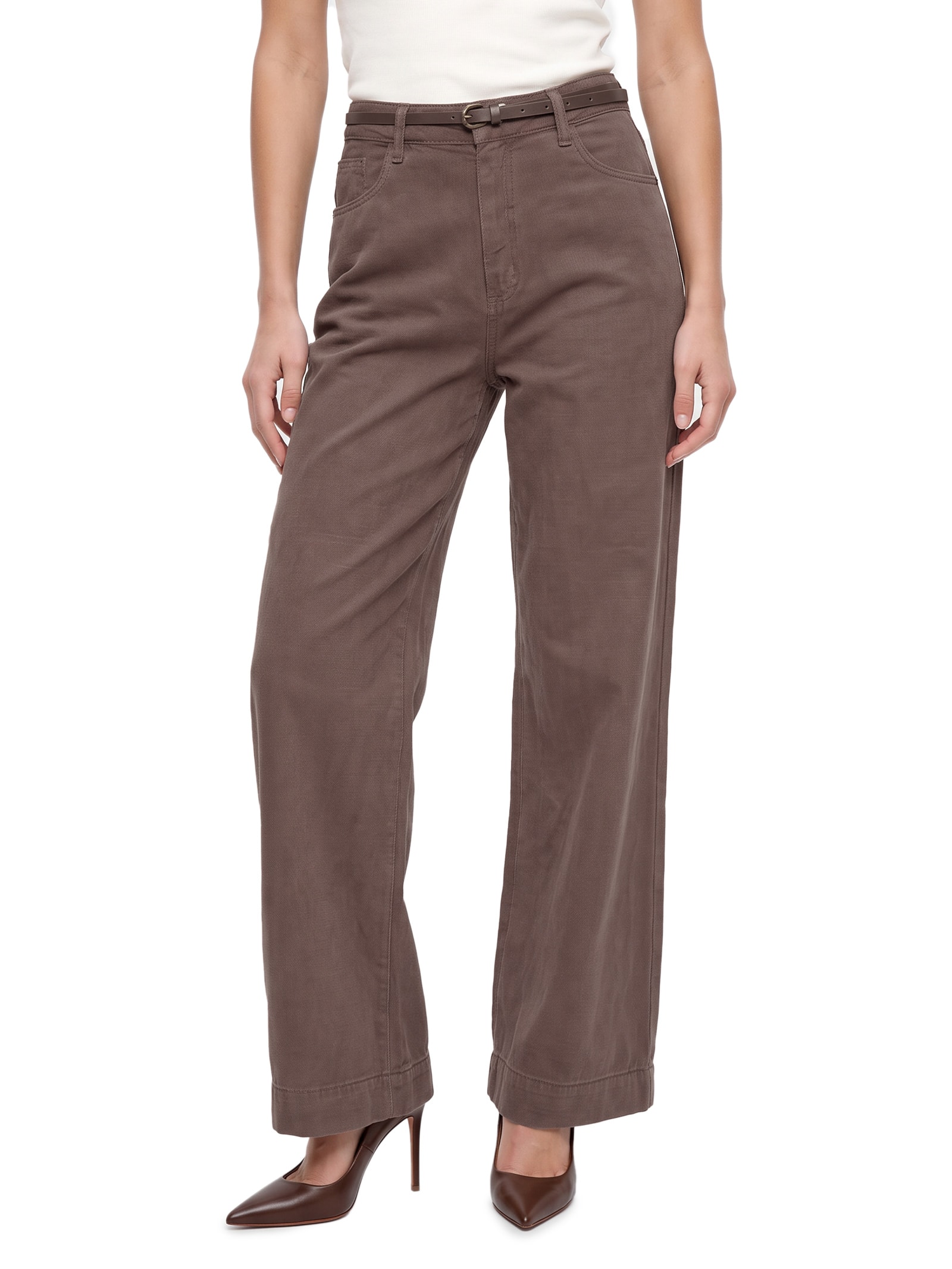 Calça Feminina Sarja Palazzo Cintura Média Marrom Lança Perfume