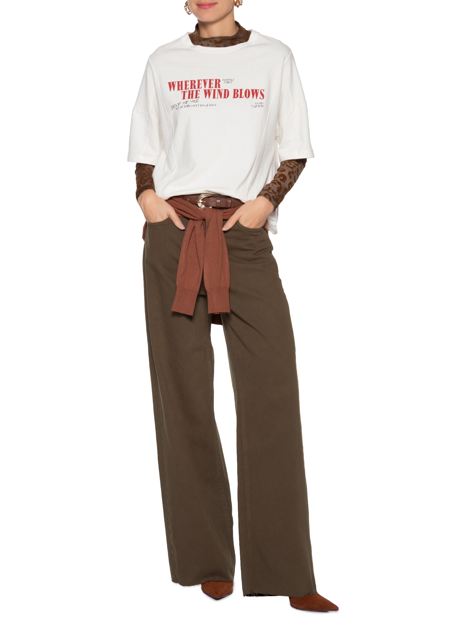 Calça Feminina Sarja Pantalona Barra A Fio Marrom Animale Jeans