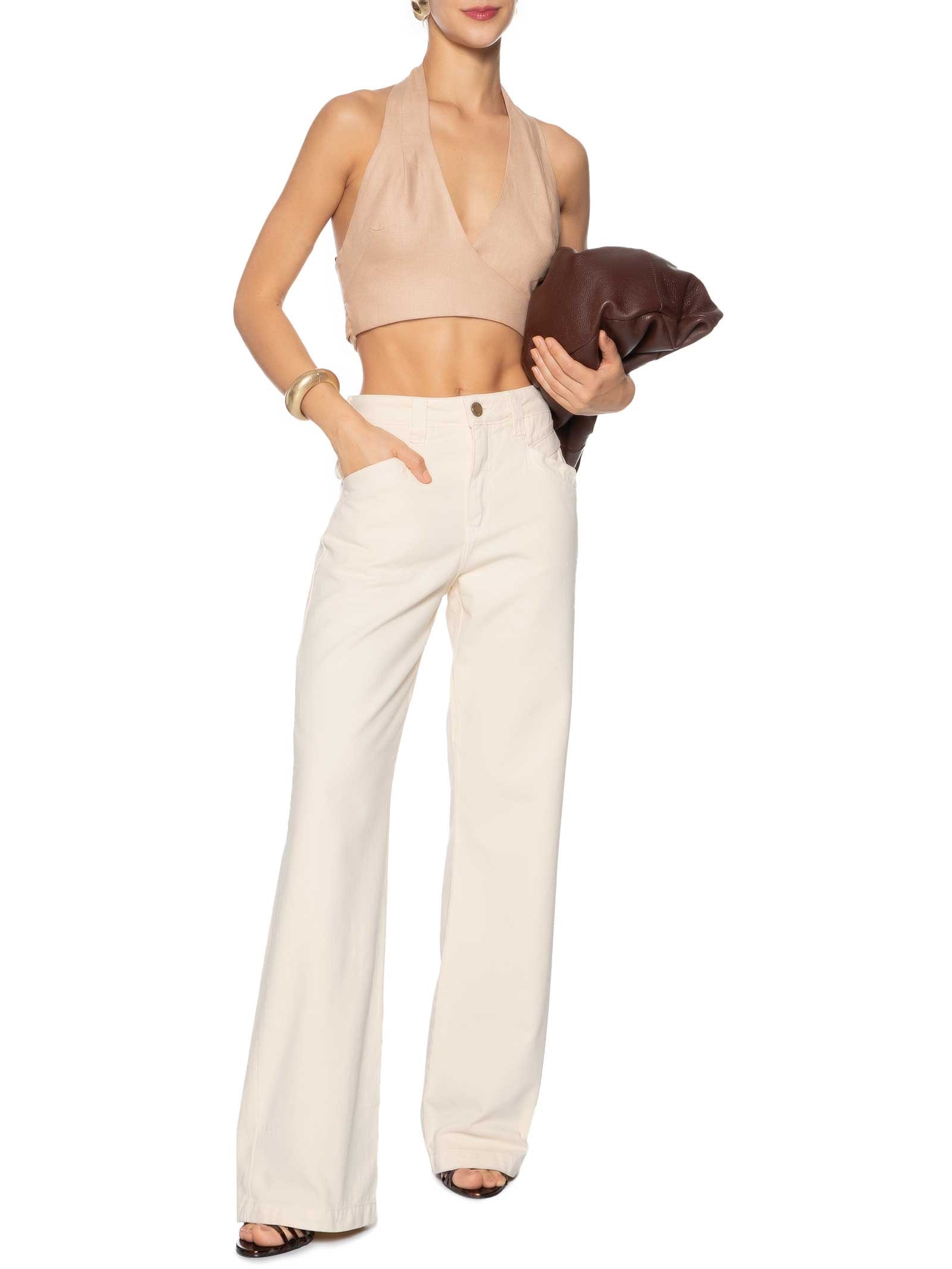 Calça Feminina Sarja Raquel Wide Leg Bege Forum