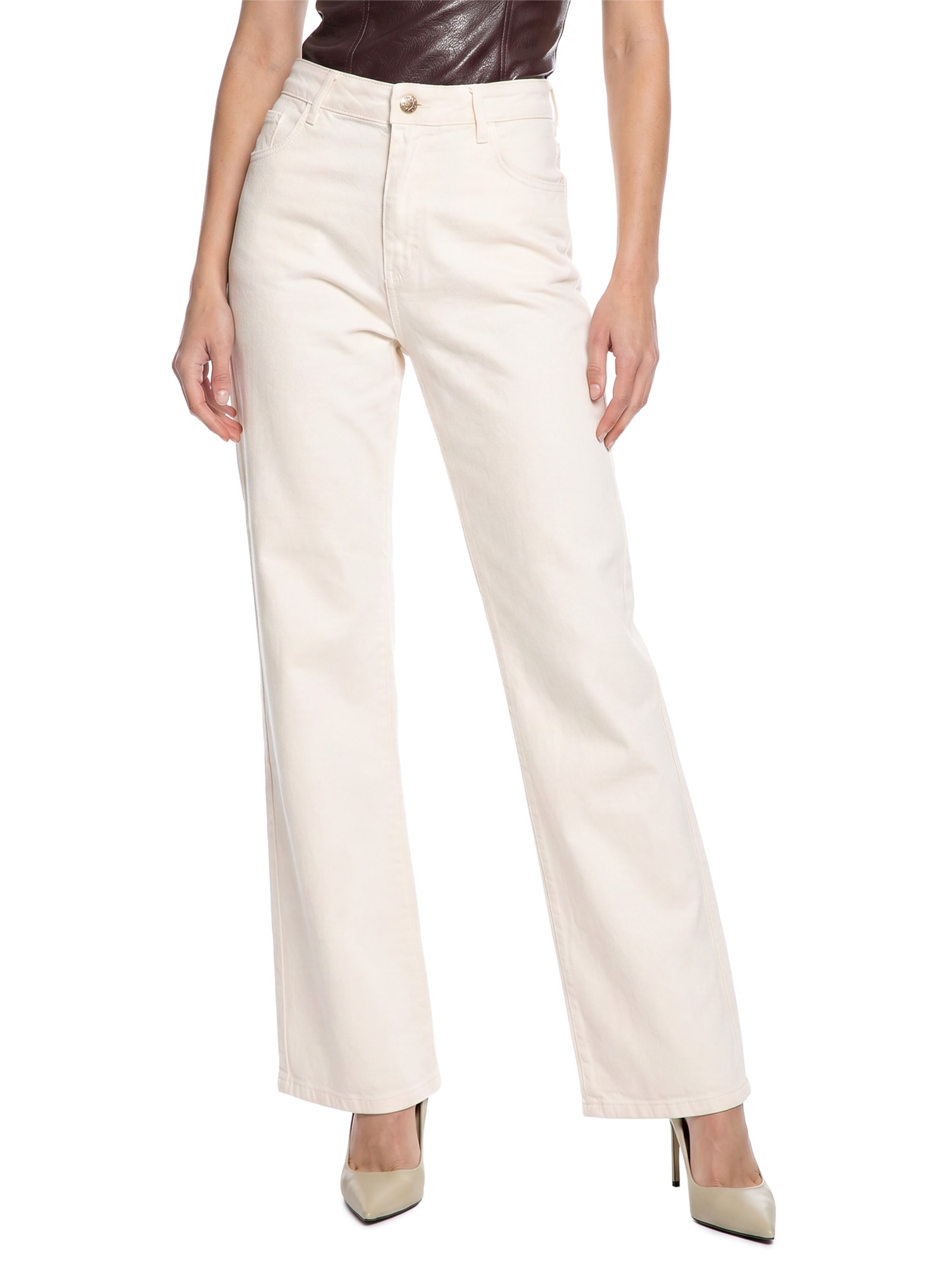 Calça Feminina Sarja Reta Cintura Média Bege Lança Perfume