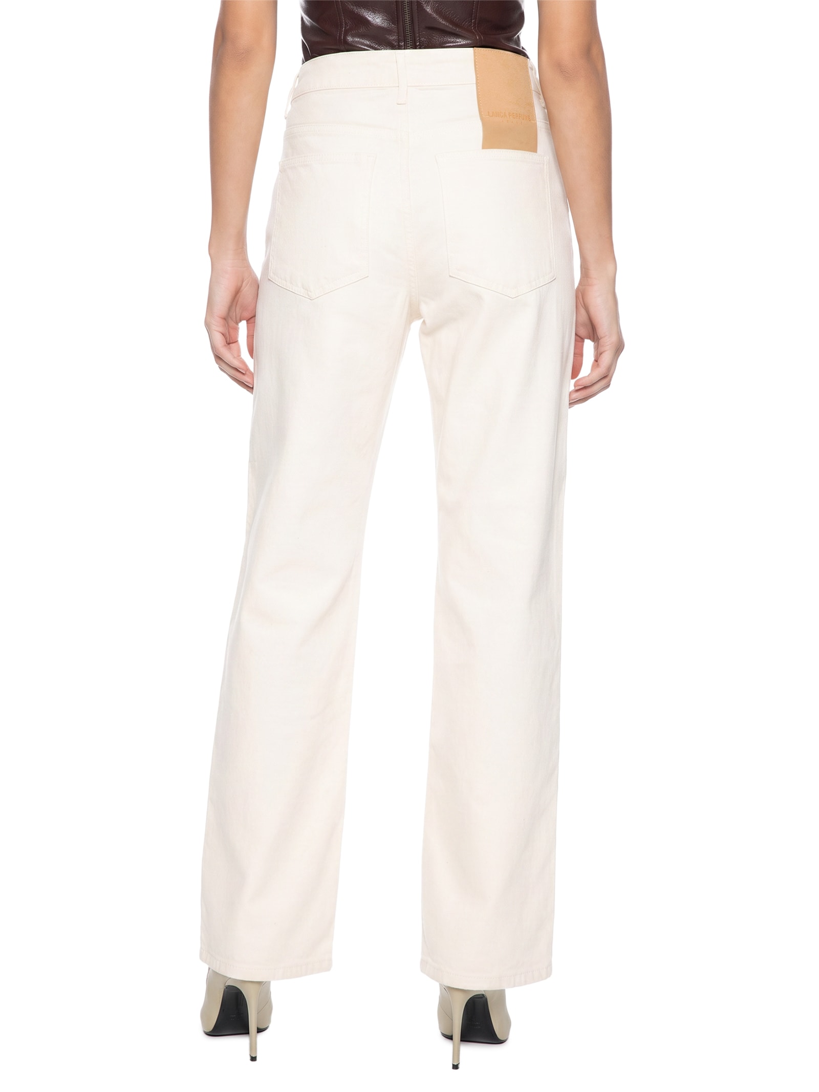 Calça Feminina Sarja Reta Cintura Média Bege Lança Perfume