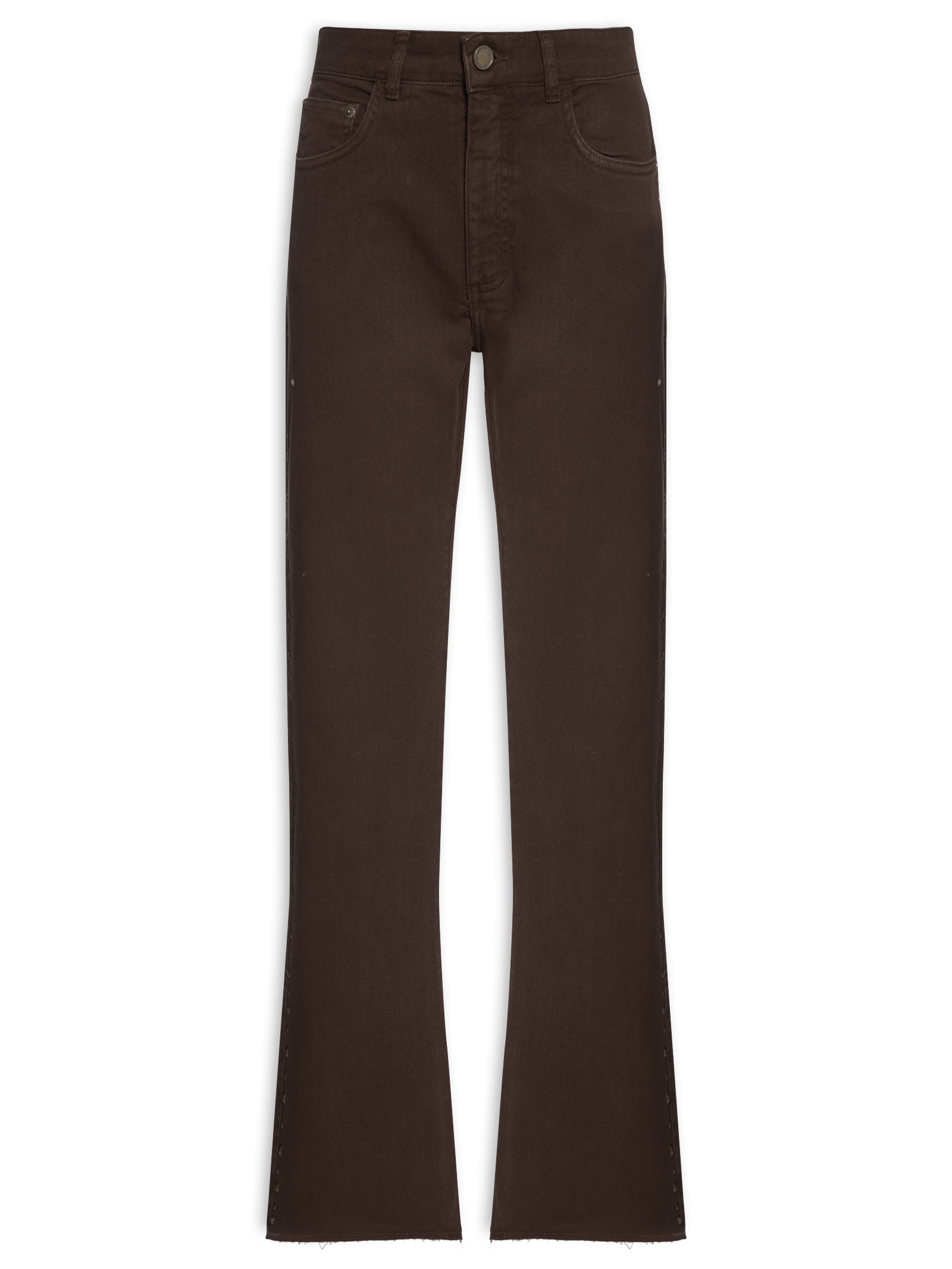 Calça Feminina Sarja Reta Cropped Lateral Tacha Marrom Maria Filó