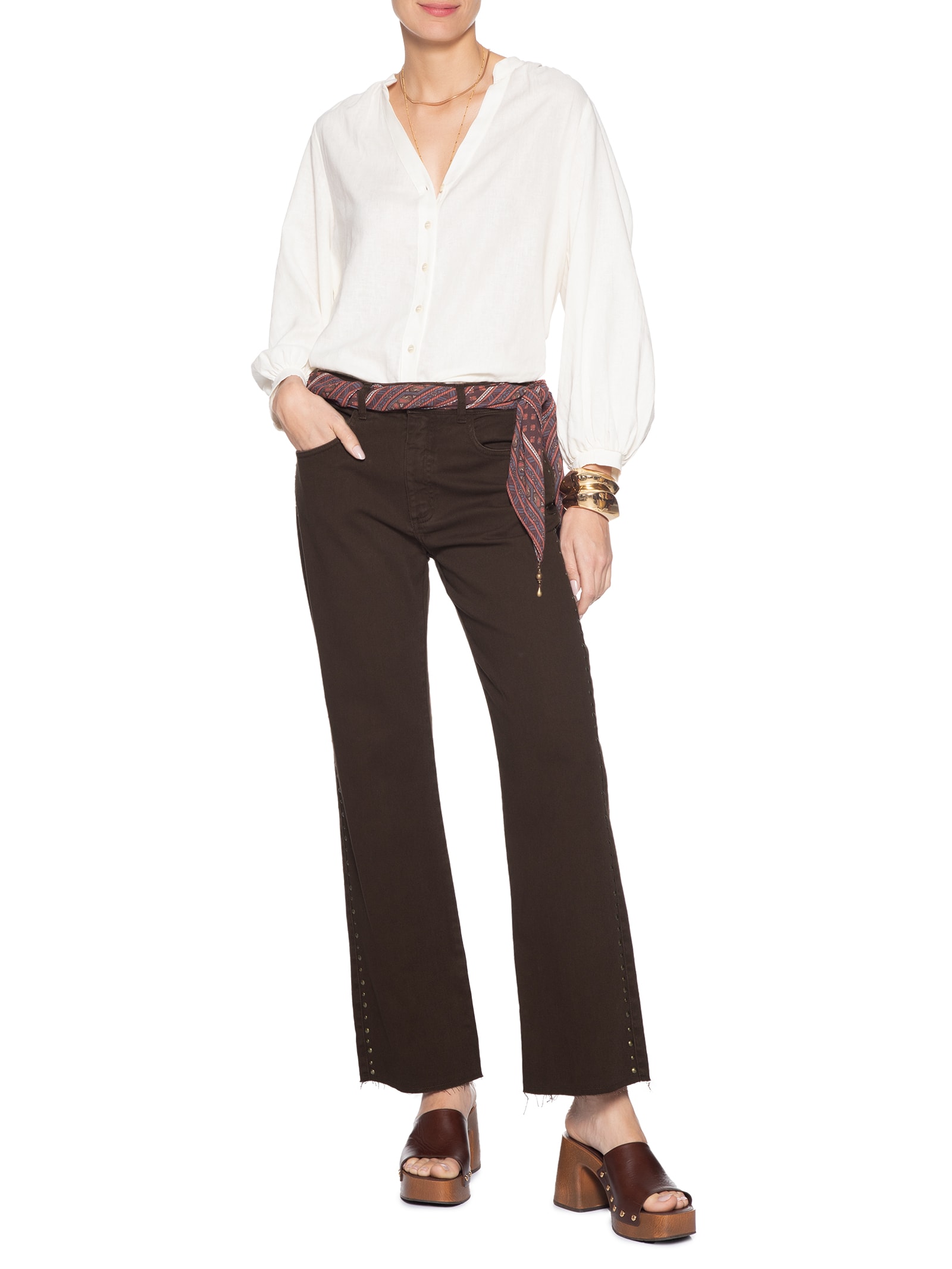 Calça Feminina Sarja Reta Cropped Lateral Tacha Marrom Maria Filó