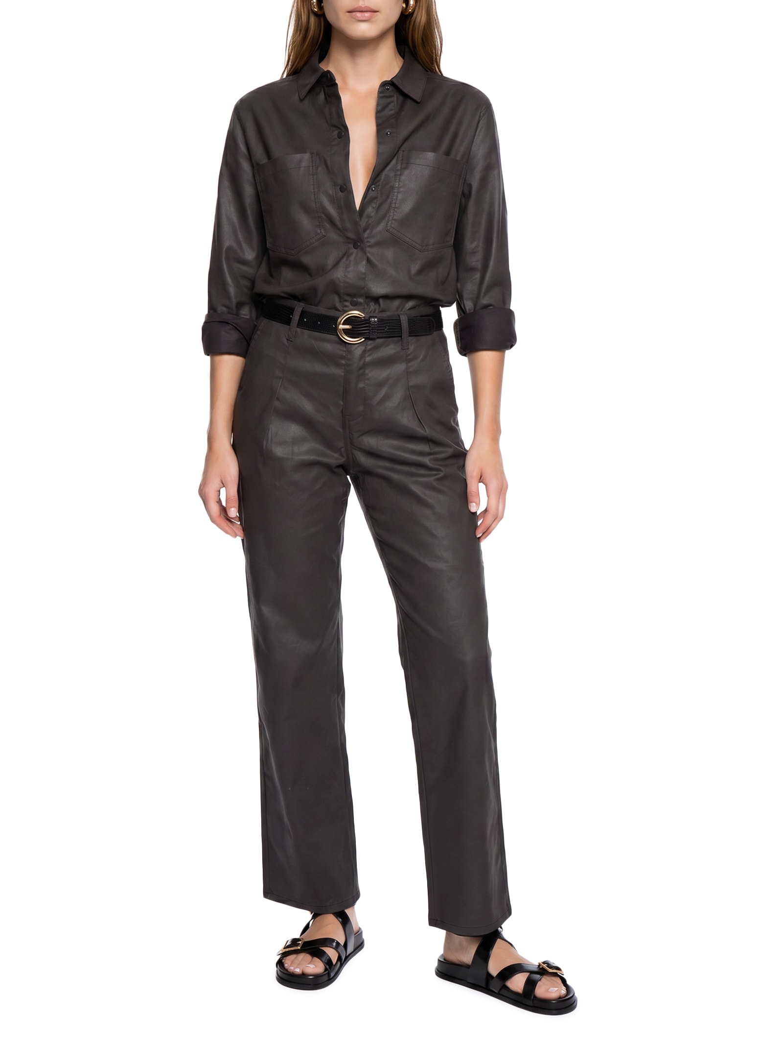 Calça Feminina Sarja Reta Resinada Marrom Cantão