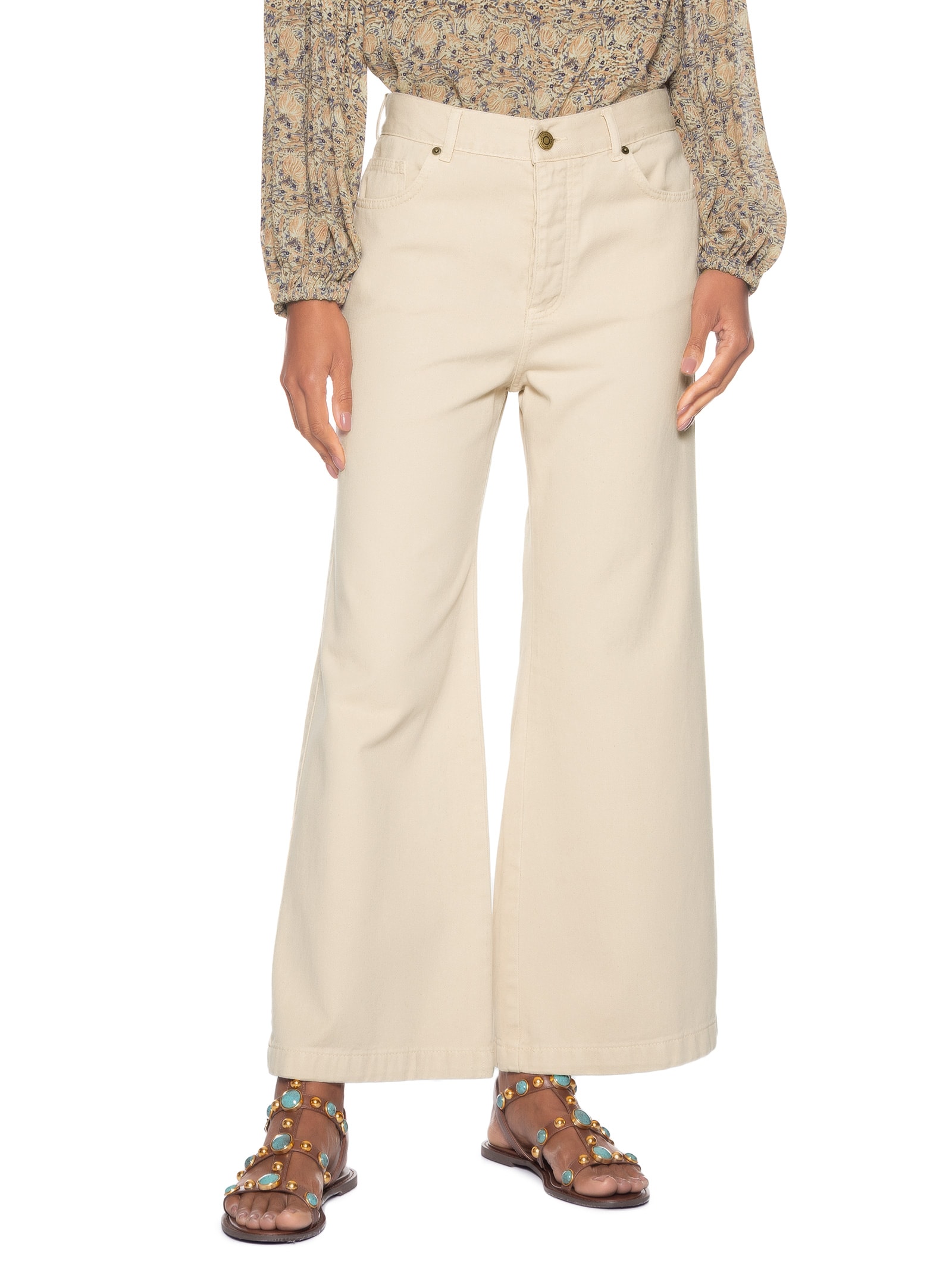 Calça Feminina Sarja Wide Cintura Alta Bege Maria Filó