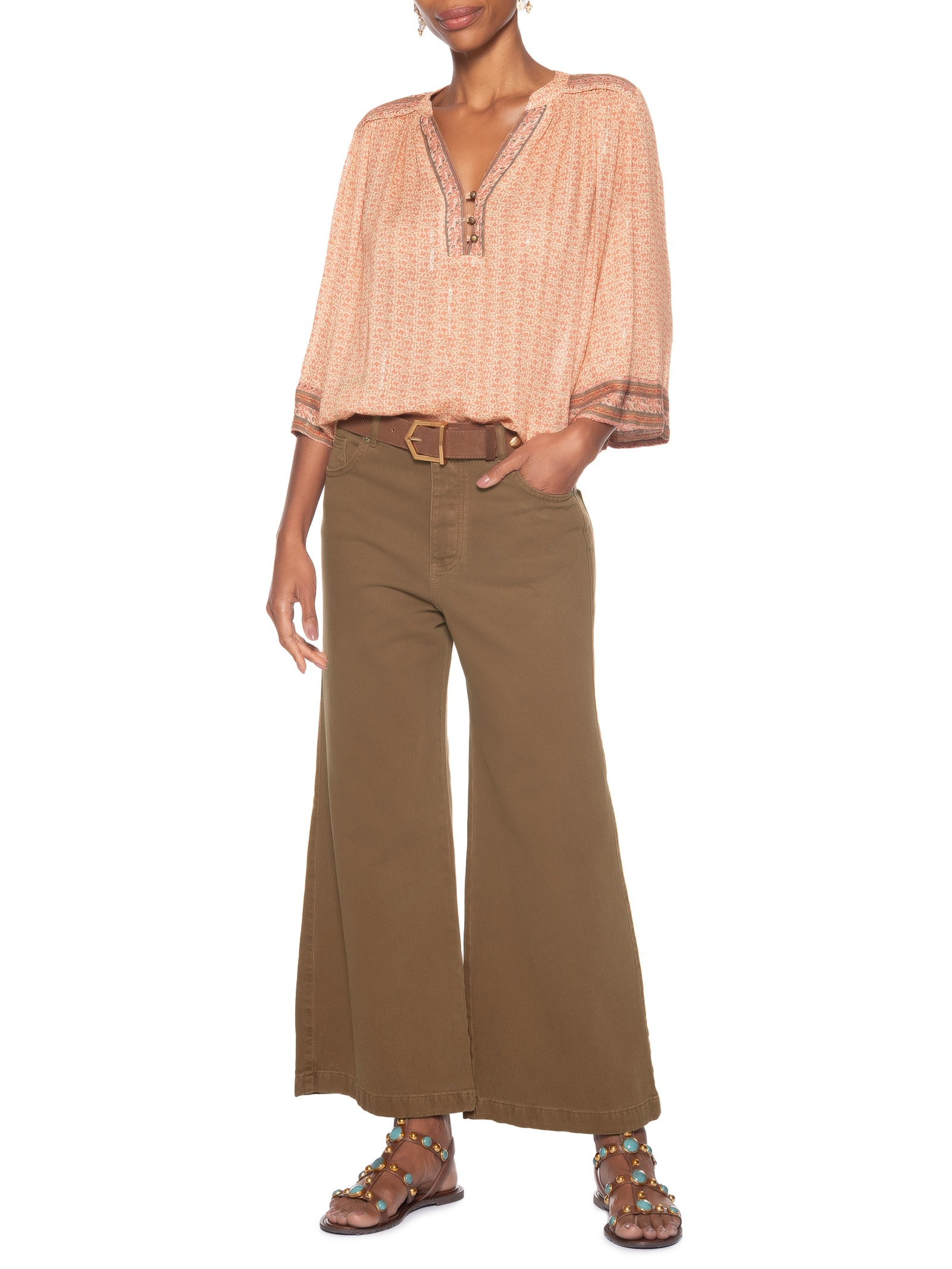 Calça Feminina Sarja Wide Cintura Alta Marrom Maria Filó