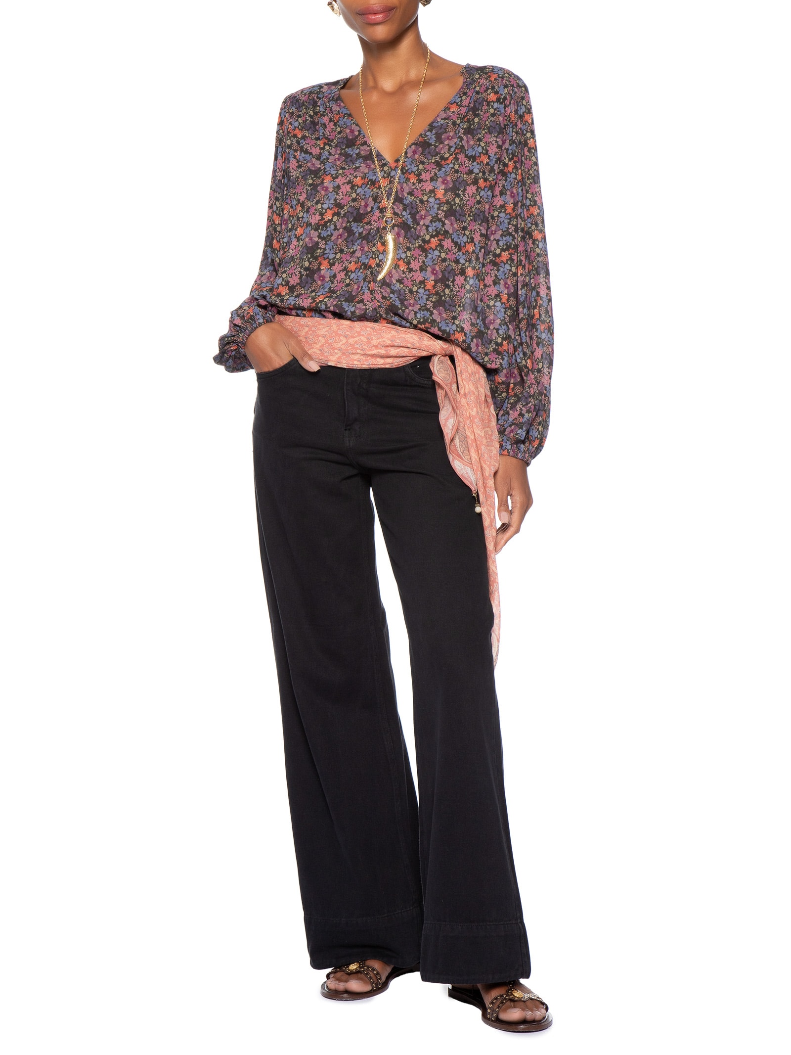 Calça Feminina Sarja Wide Leg Barra Larga Preto Maria Filó