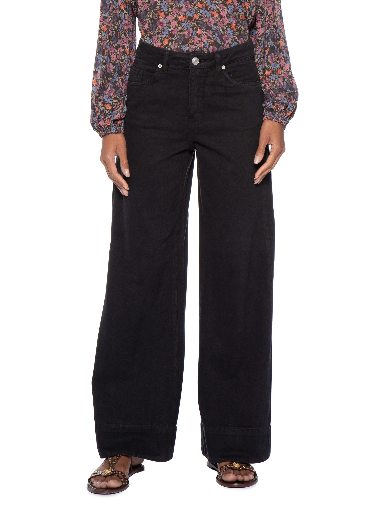 Calça Feminina Sarja Wide Leg Barra Larga Preto Maria Filó