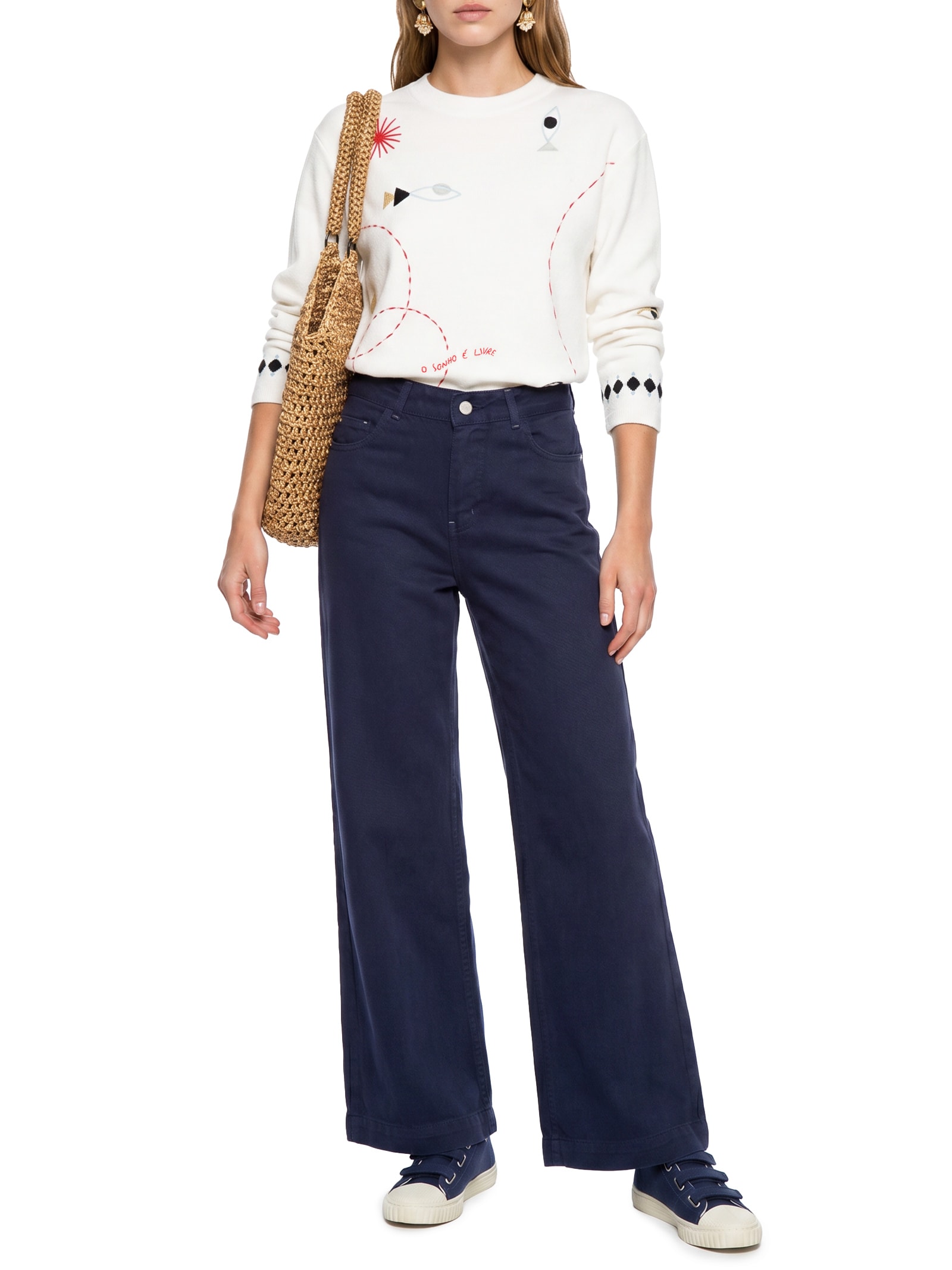 Calça Feminina Sarja Wide Leg Equilíbrio Azul Cantão