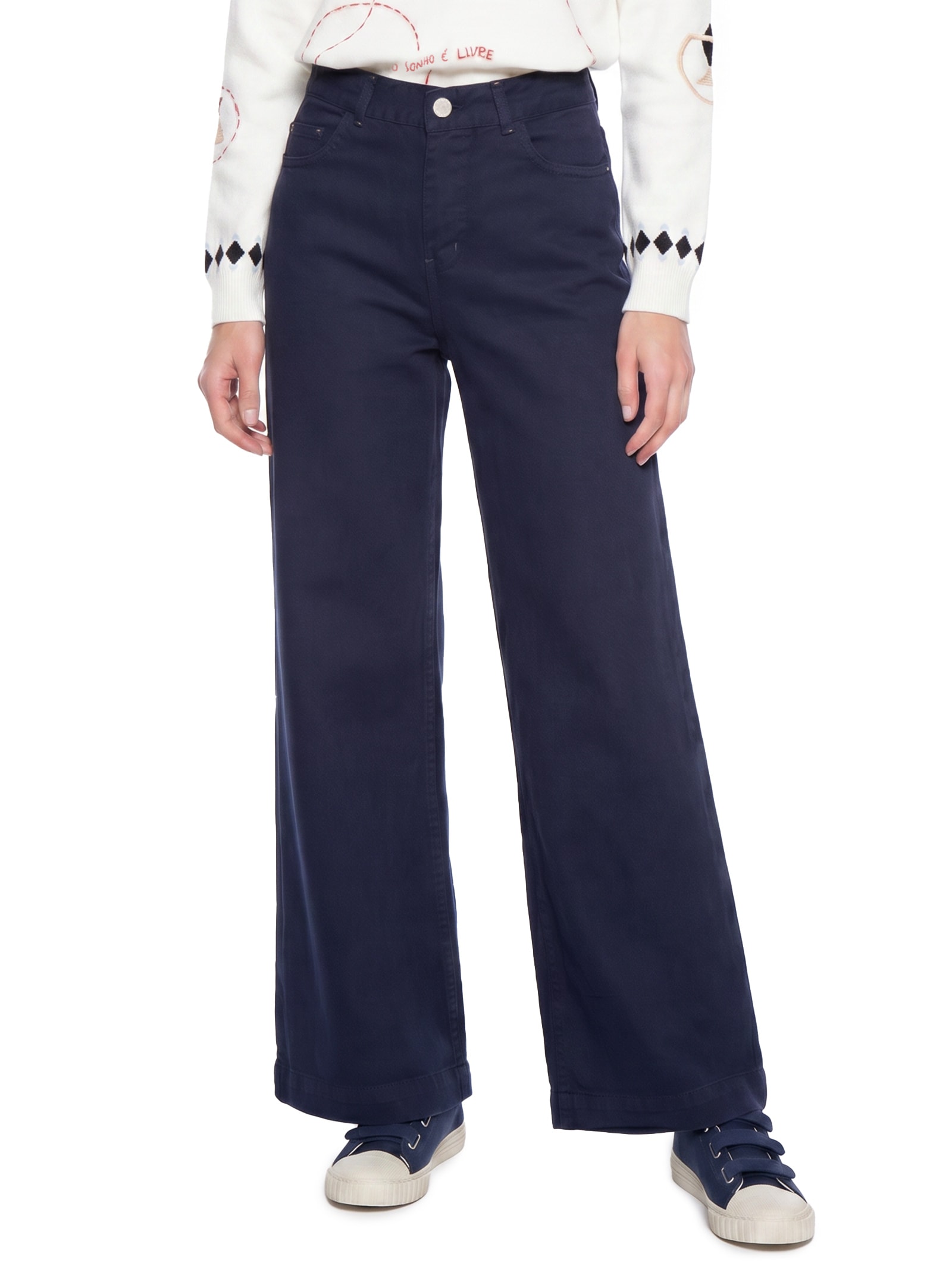 Calça Feminina Sarja Wide Leg Equilíbrio Azul Cantão