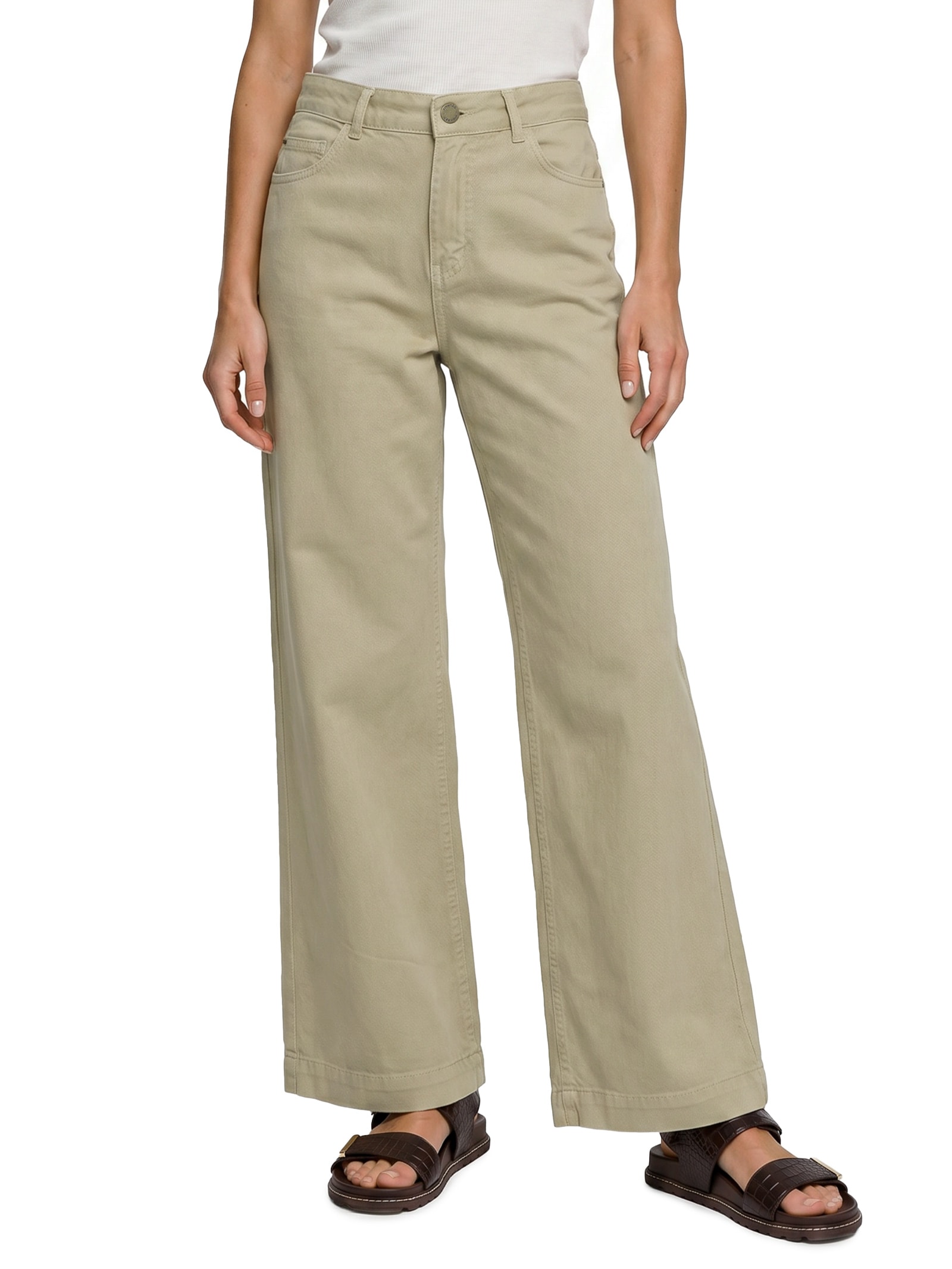 Calça Feminina Sarja Wide Leg Equilíbrio Bege Cantão