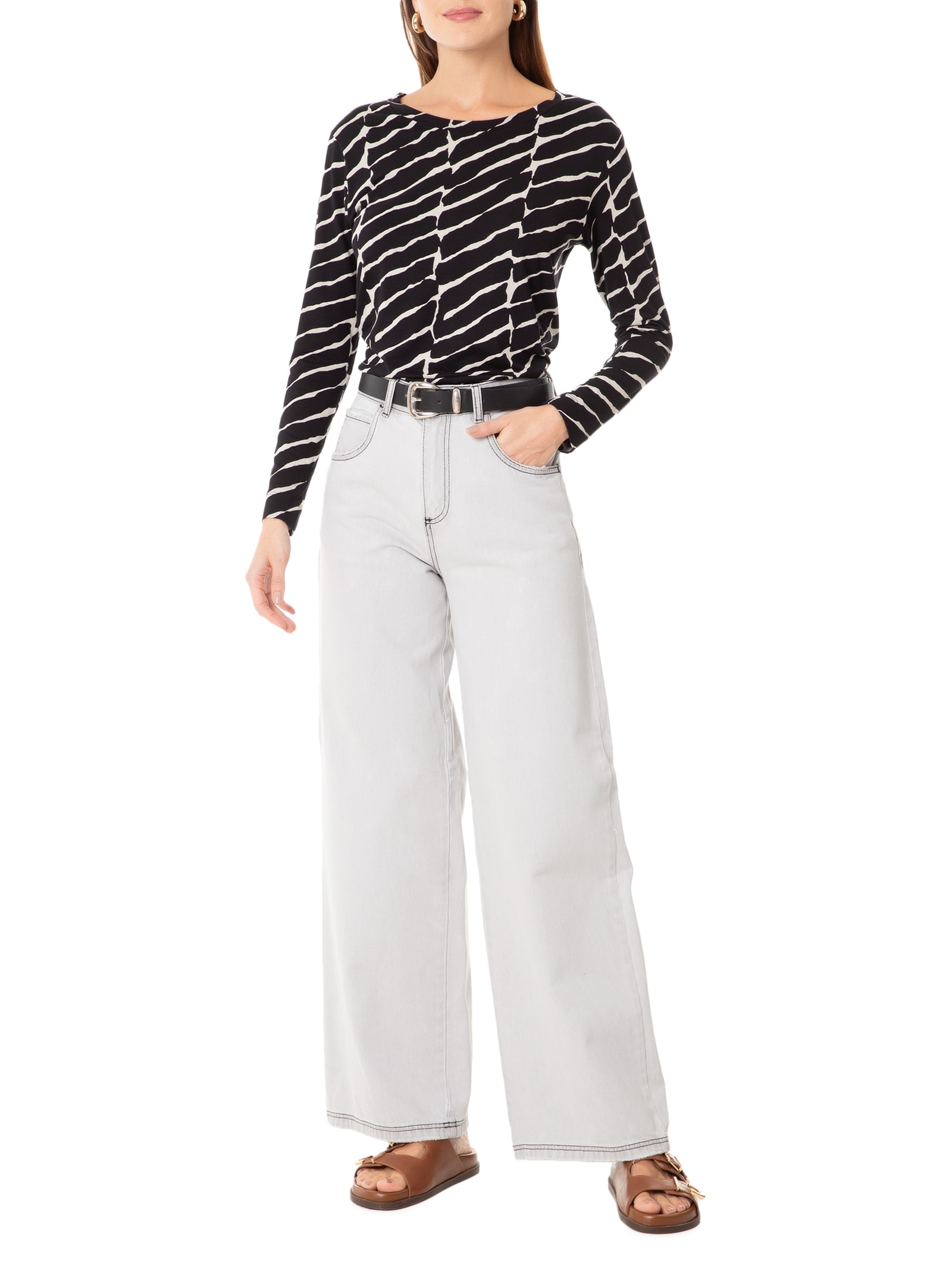Calça Feminina Sarja Wide Leg Grey Cinza Cantão