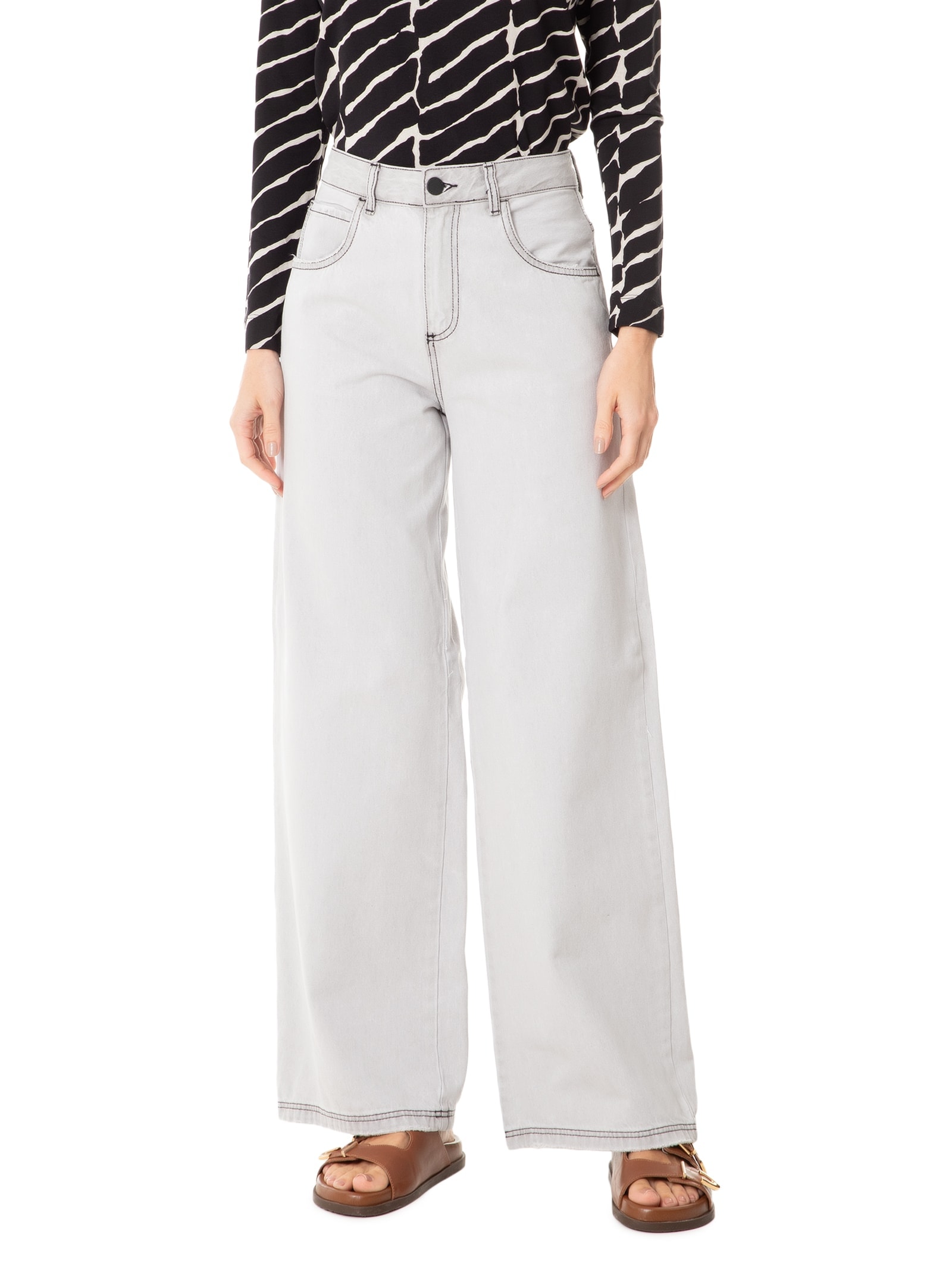 Calça Feminina Sarja Wide Leg Grey Cinza Cantão