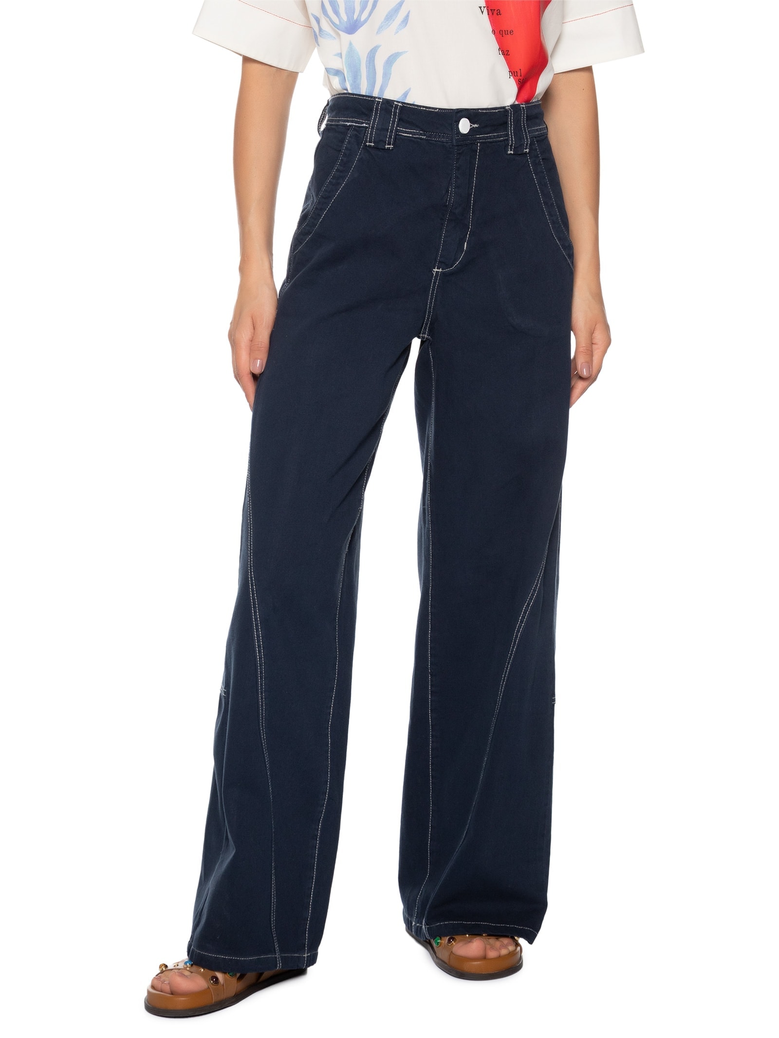 Calça Feminina Sarja Wide Leg Pespontos Azul Cantão
