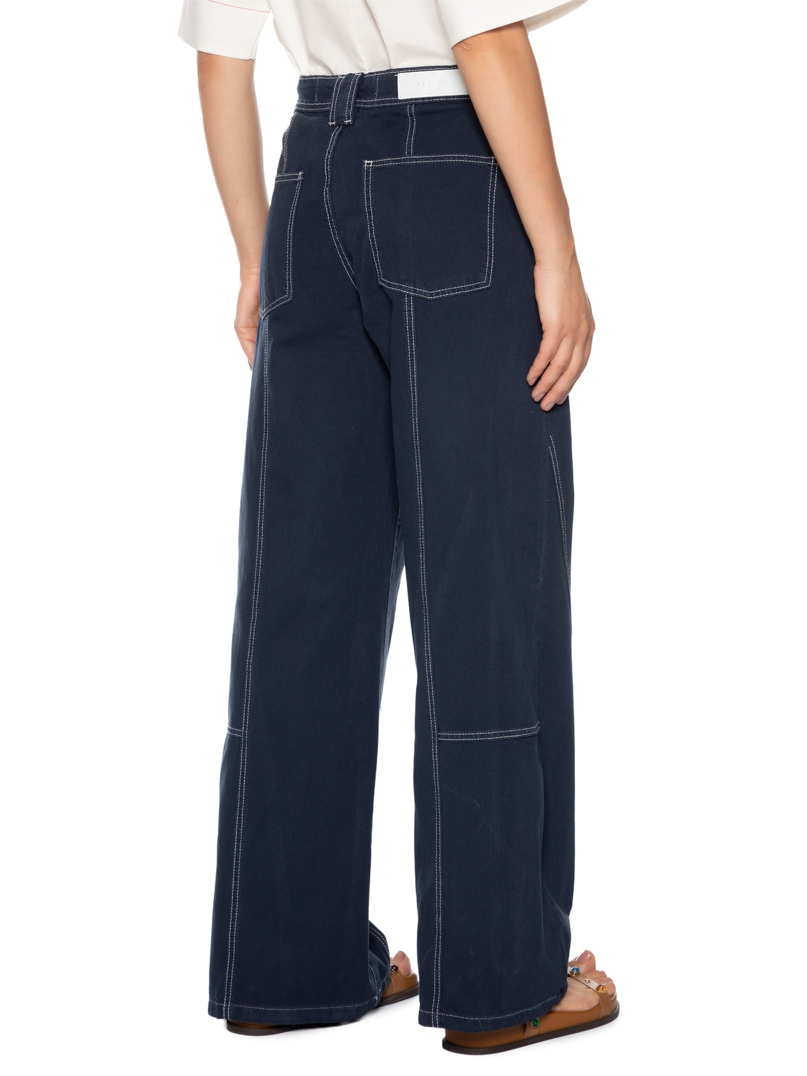 Calça Feminina Sarja Wide Leg Pespontos Azul Cantão