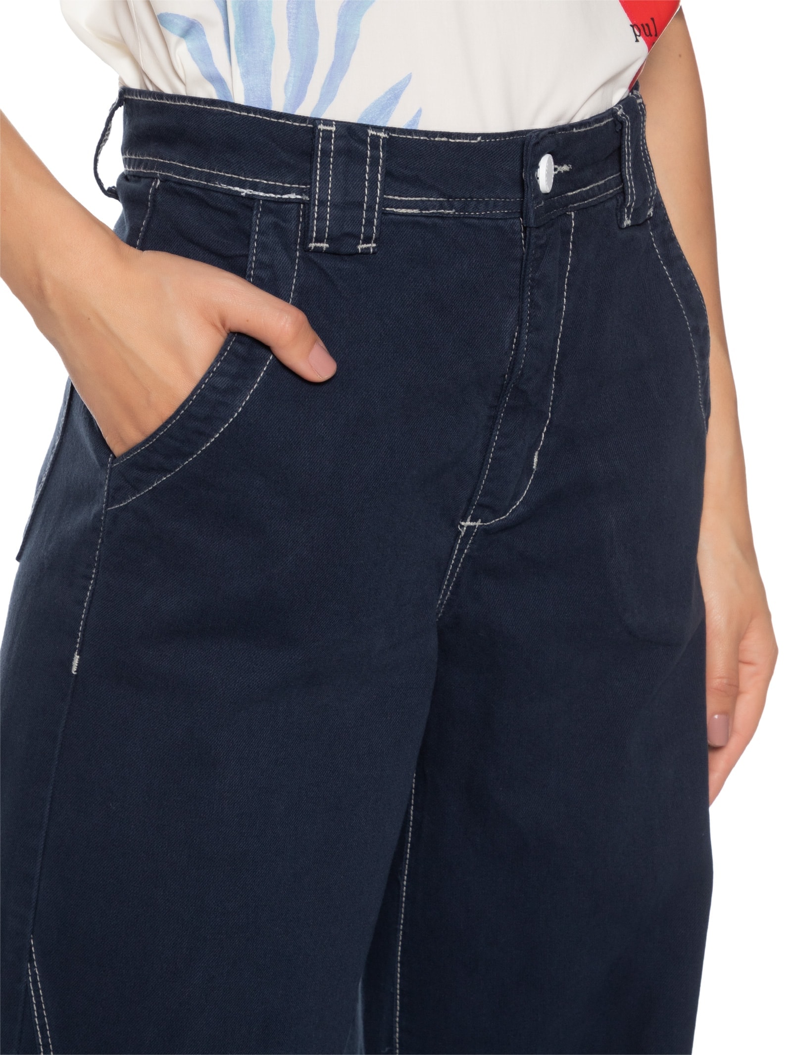 Calça Feminina Sarja Wide Leg Pespontos Azul Cantão