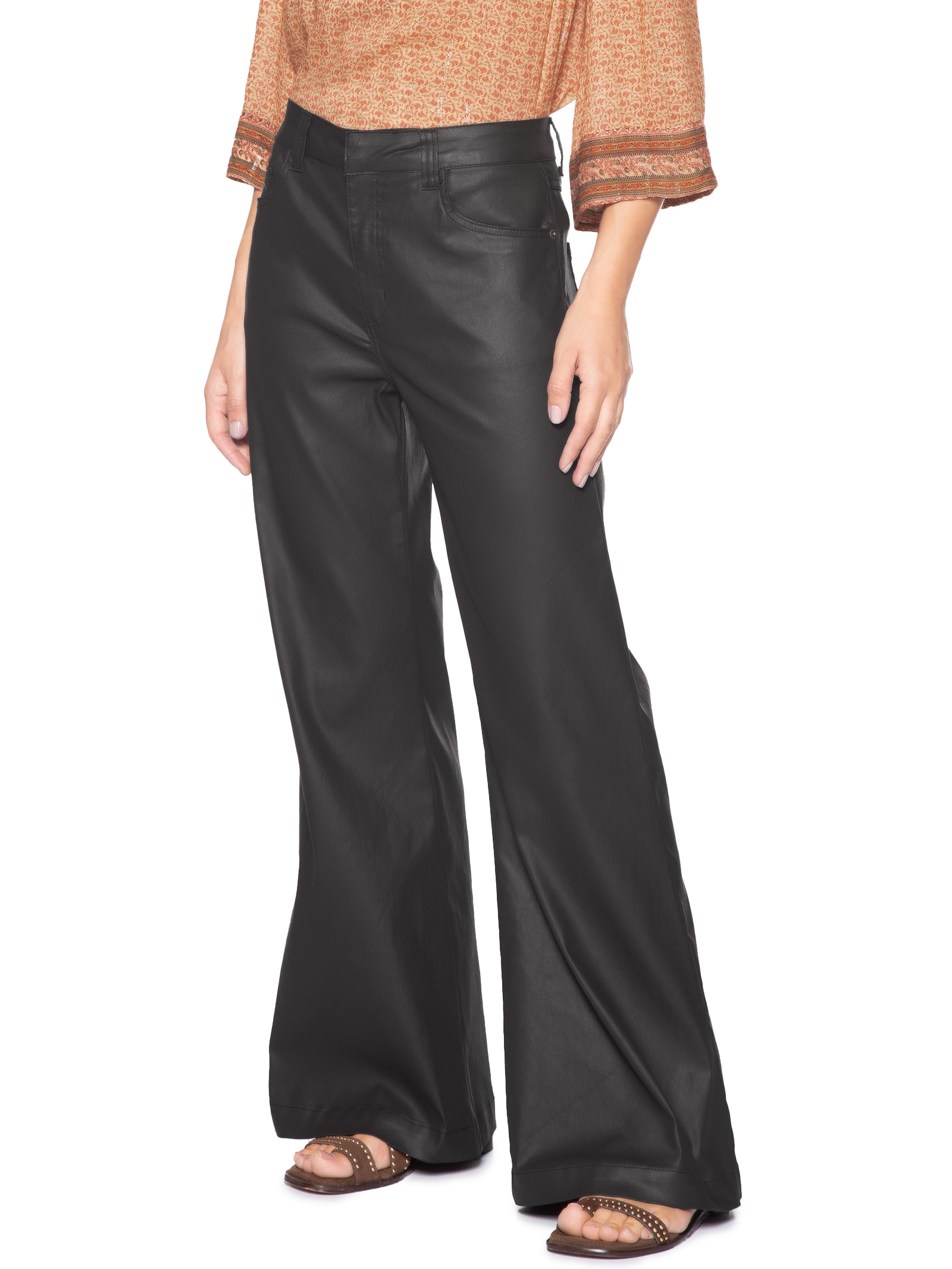 Calça Feminina Sarja Wide Resinada Alfaiataria Preto Maria Filó