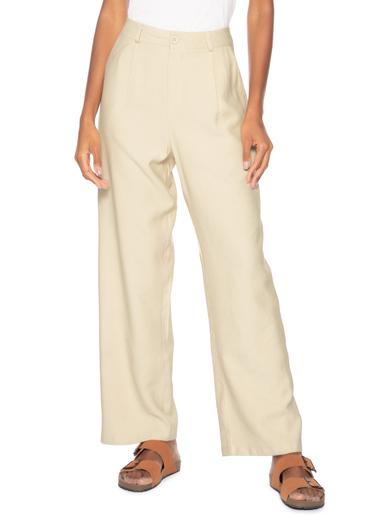 Calça Feminina Slim Com Pregas Bege Basiq