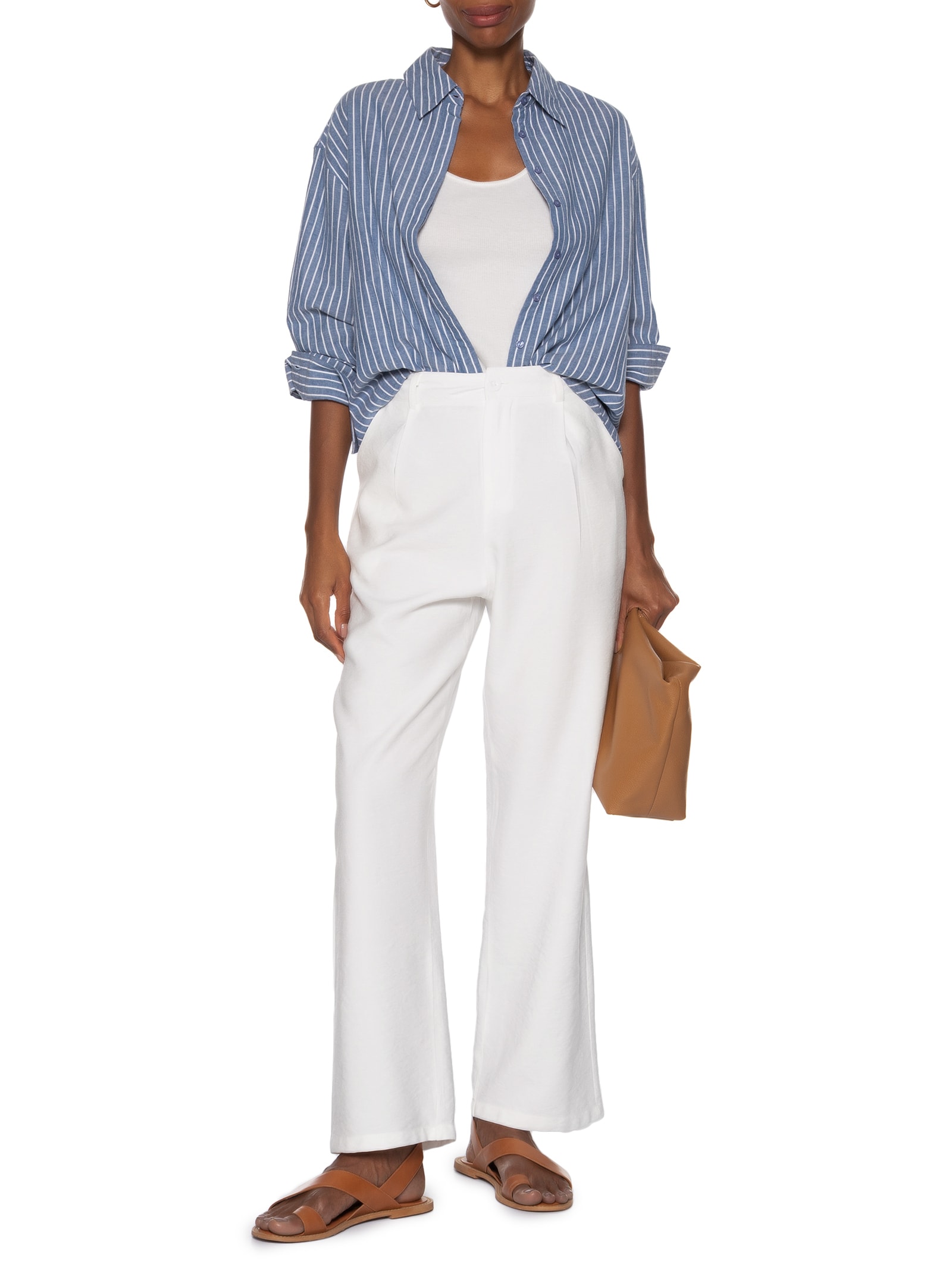 Calça Feminina Slim Com Pregas Off White Basiq