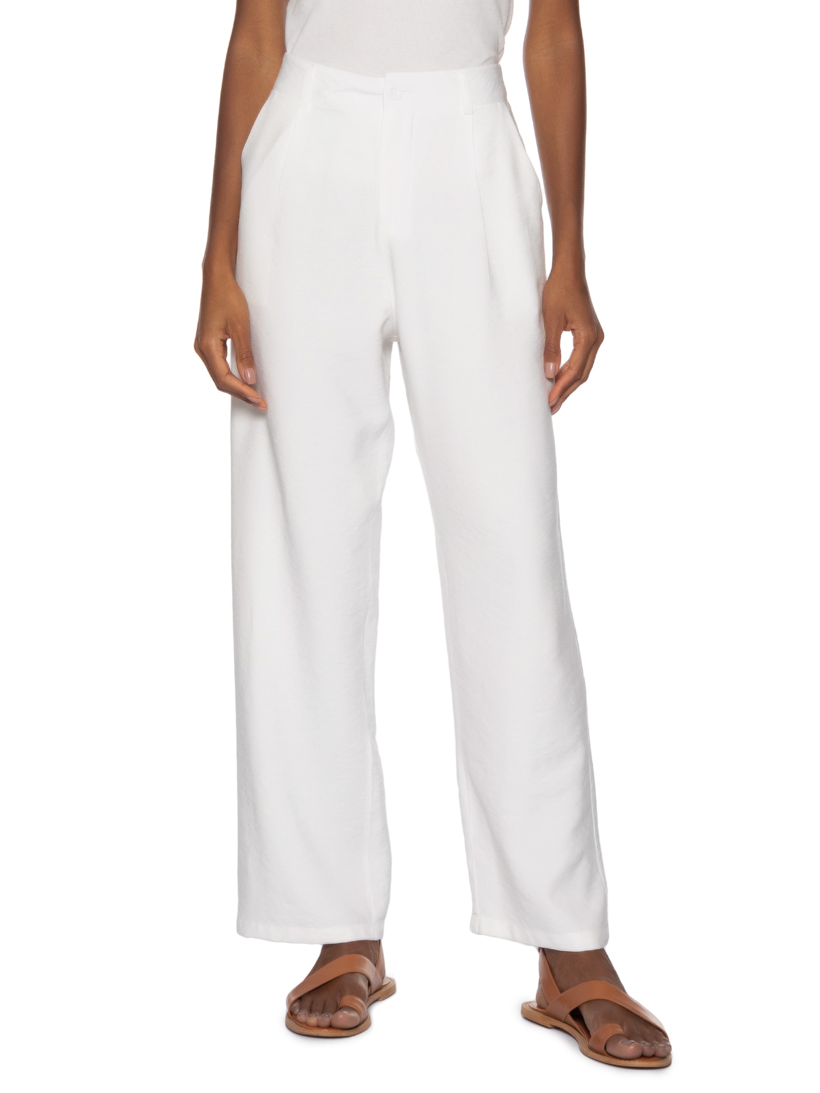 Calça Feminina Slim Com Pregas Off White Basiq