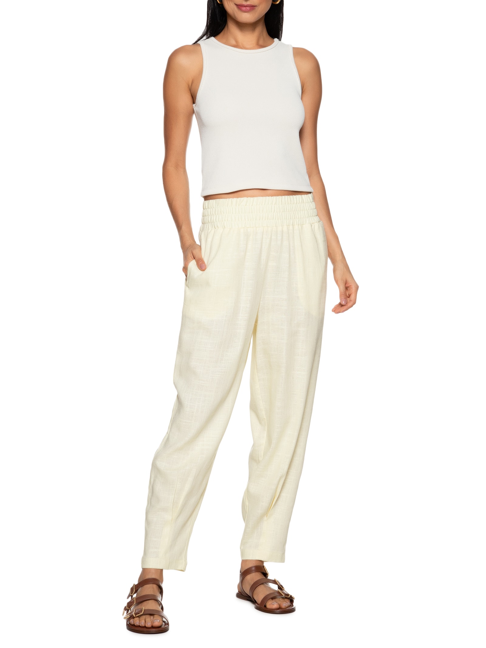 Calça Feminina Slouchy Cintura Alta Em Viscolinho Amarelo Hering